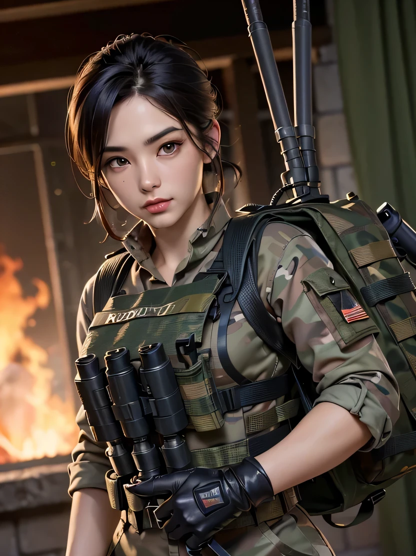((masterpiece、top-quality、realisitic、ultra-detailliert、hight resolution、Photorealsitic、foco nítido))、Stunning portrait of a beautiful woman、bustshot、Focus from the chest up、a matural female、big eye、A detailed eye、A dark-haired、Cropped Shorthair、Army camouflage uniform、Camouflage Tactical Vest、Long trousers with camouflage pattern、Combat gloves、rucksack、Black Military Undershirt、Tanks on the background、White smoke、Detailed hand depiction