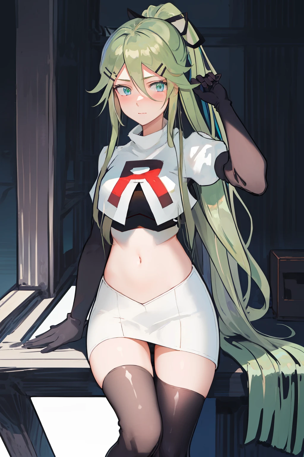 best quality, masterpiece, highres, solo, {yamakaze_kantaicollection:1.15}, green_hair, hair_between_eyes, long_hair, hair_ornament, hairclip, ribbon, hair_ribbon, ponytail, black_ribbon, blush, green_eyes, blue_eyes, 1girl, bangs, sidelocks, team rocket,team rocket uniform,white skirt,red letter R,crop top,black thigh-highs,black elbow gloves