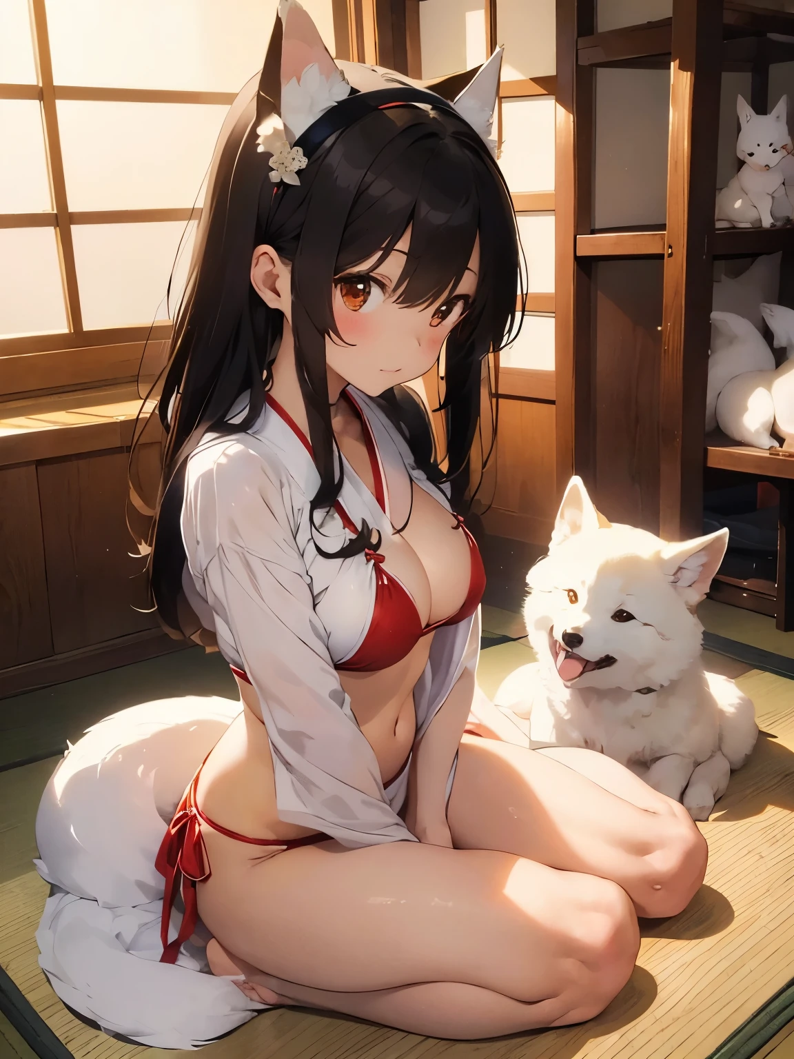 Cute illustration、(1Woman with dark hair、length hair、slim figure、skinny face、brown fox ear headband、Shrine maiden style bikini)、(Holding a large pure white Shiba Inu)、Very embarrassing、Sitting position holding your knees、traditional Japanese room、Lighting from the side