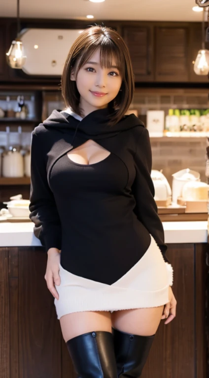 (Photorealistic), (ultra high realistic), (The ultra -The high-definition目), (ultra high detailed), (Increase contrast), (Increase saturation), (12 year old super beautiful girl), (light skinned)A pretty woman with perfect figure, Bright smile,, (Lifelike face), a short bob、Hair hanging over the ears, Realistic eyes, natural make up、beautiful detail, (real looking skin), Beautiful skins, enticing, The ultra -The high-definition, A hyper-realistic, Realistic, Very detailed,, bangss), (Tight black knit miniskirt dress、I can see the cleavage)(The outerwear is a brown short coat with a hood.、Opening the front)(((White knee high boots)))japanese cute idol, I can see the cleavage) Brown hair,((Stylish café))Inviting Pose、Beautiful valley、beutiful breast、thin-waist、big butts、Knee-deep angle、