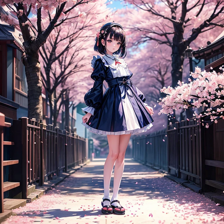 Master Pieces Top image quality A 16-year-old Japanese girl is standing wearing a navy blue one-piece dress with ???? sleeves.. lolita fashion Full body painting Standing picture cherry blossom trees (cherry blossom petals are falling:1.4) tilt your head slightly Leather shoes White High Socks Brown pouch Long straight black hair standing , (full body:1.4) , (toe:1.4)