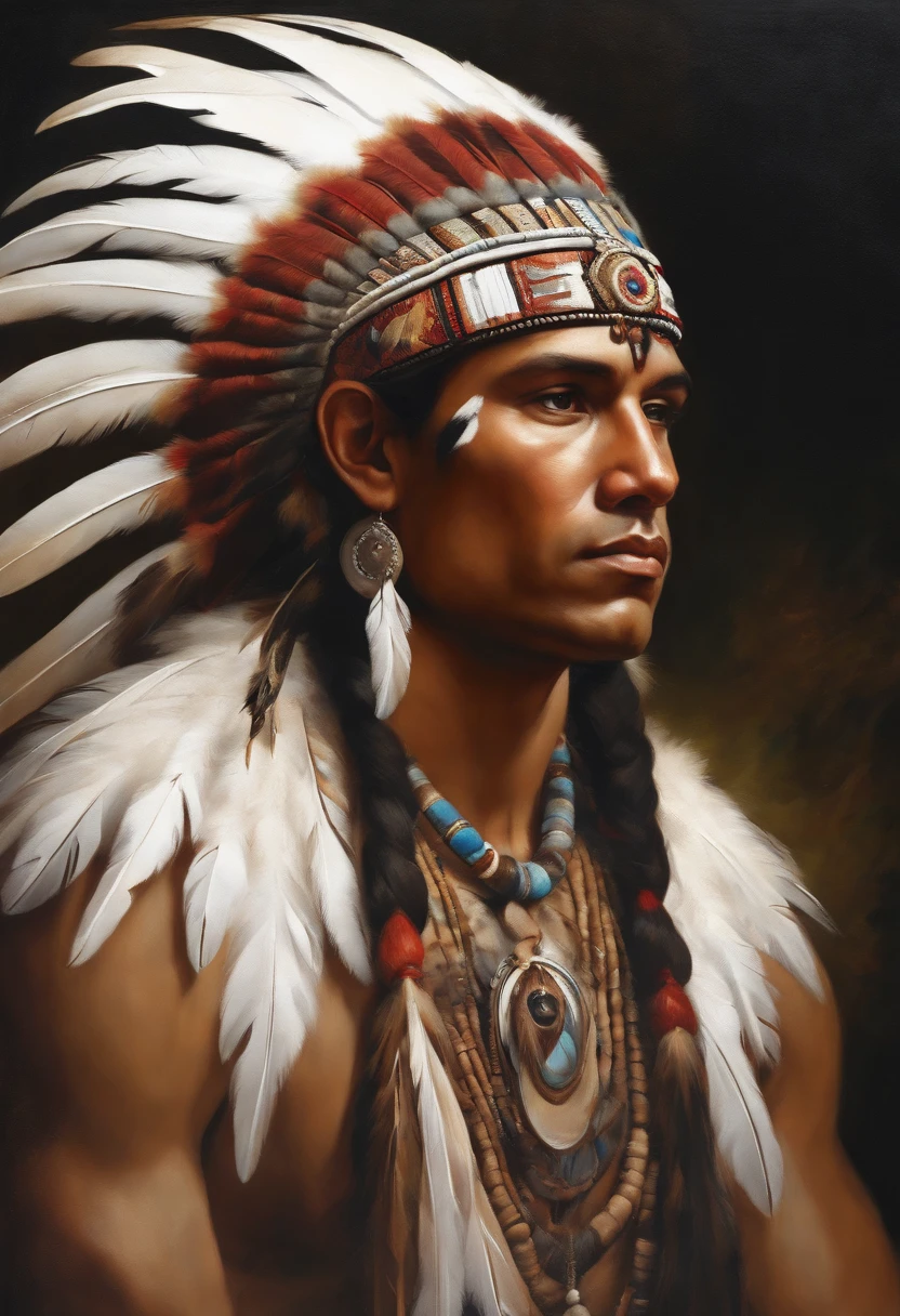 Baroque style painting of an indigenous chief with a headdress of white feathers on his head, indigenous body paint, young and strong, white clothes, long hair with braids.