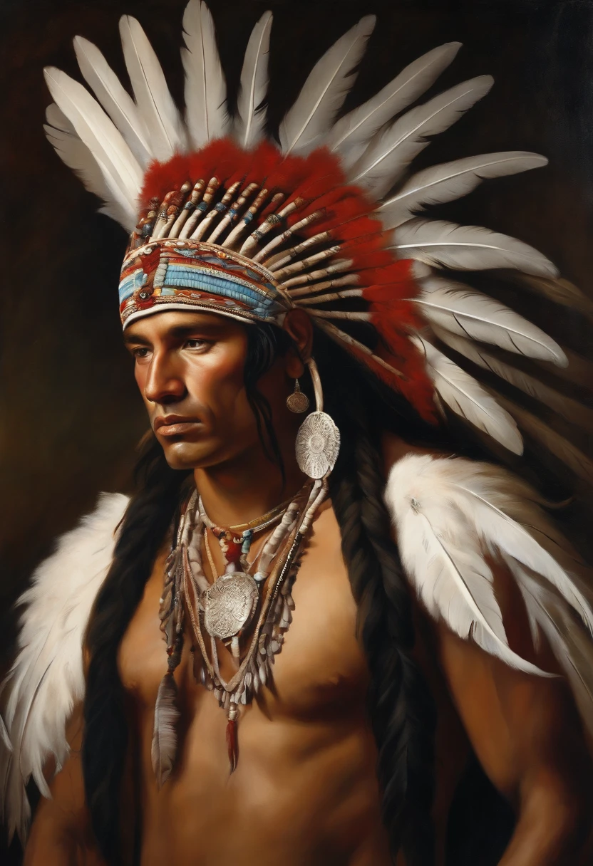 Baroque style painting of an indigenous chief with a headdress of white feathers on his head, indigenous body paint, young and strong, white clothes, long hair with braids.