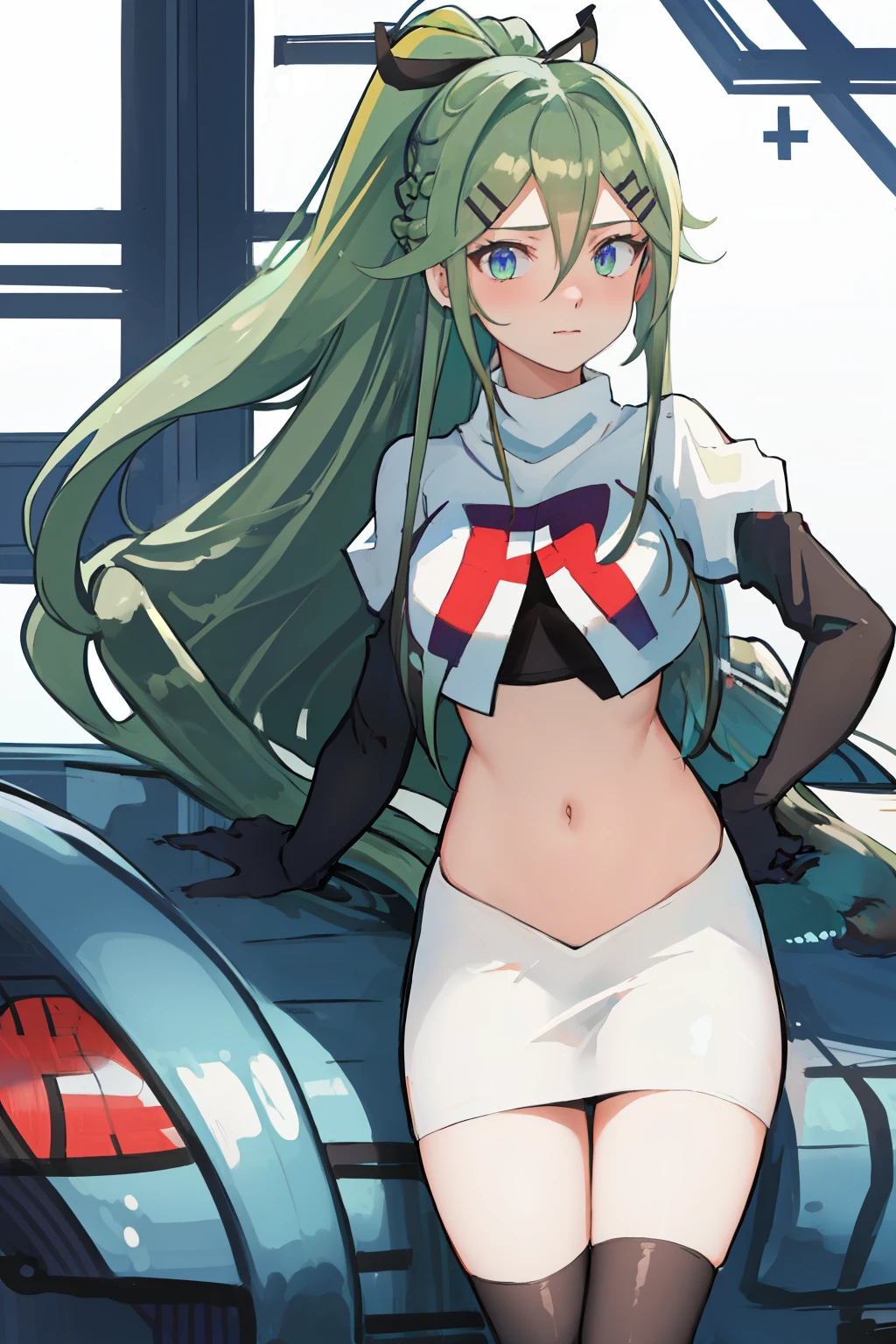 best quality, masterpiece, highres, solo, {yamakaze_kantaicollection:1.15}, green_hair, hair_between_eyes, long_hair, hair_ornament, hairclip, ribbon, hair_ribbon, ponytail, black_ribbon, blush, green_eyes, blue_eyes, 1girl, bangs, sidelocks, team rocket,team rocket uniform,white skirt,red letter R,crop top,black thigh-highs,black elbow gloves