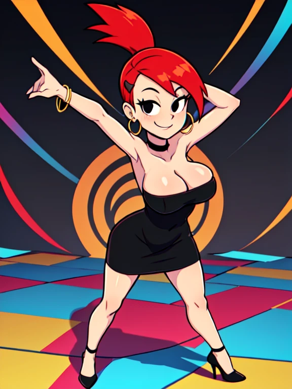 FostersStyle, Frankie Foster, solo, 1 girl, black eyes, black dress, bare shoulders, jewelry, ponytail, bracelet, strapless, hoop earrings, black choker, high heels, abstract background, looking at viewer, smile, big breasts, nightclubs, dance floor, looking at viewer,  high quality, standing up, sexy pose, high resolution.