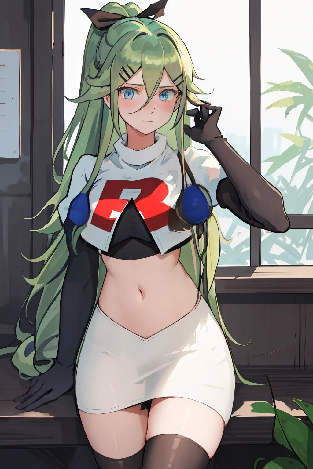 best quality, masterpiece, highres, solo, {yamakaze_kantaicollection:1.15}, green_hair, hair_between_eyes, long_hair, hair_ornament, hairclip, ribbon, hair_ribbon, ponytail, black_ribbon, blush, green_eyes, blue_eyes, 1girl, bangs, sidelocks, team rocket,team rocket uniform,white skirt,red letter R,crop top,black thigh-highs,black elbow gloves