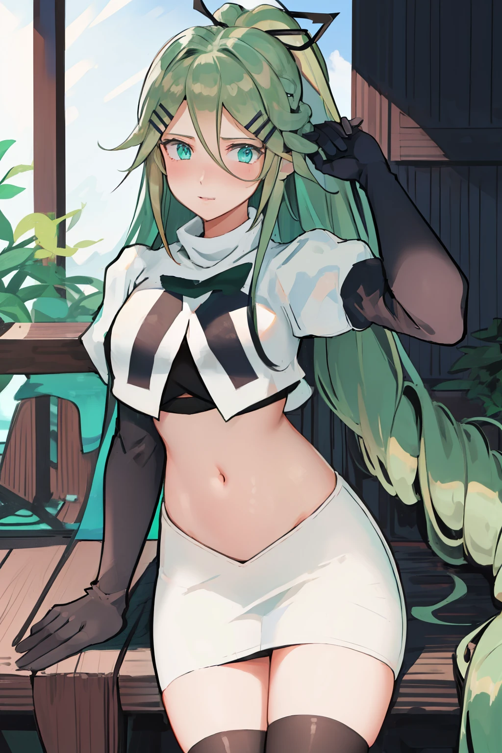 best quality, masterpiece, highres, solo, {yamakaze_kantaicollection:1.15}, green_hair, hair_between_eyes, long_hair, hair_ornament, hairclip, ribbon, hair_ribbon, ponytail, black_ribbon, blush, green_eyes, blue_eyes, 1girl, bangs, sidelocks, team rocket,team rocket uniform,white skirt,red letter R,crop top,black thigh-highs,black elbow gloves