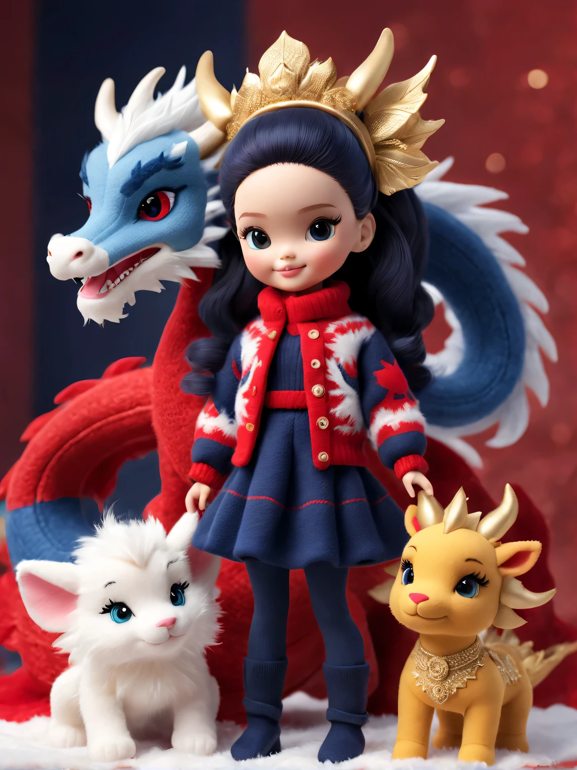 natalie shaw style, character concept design，2024 New Year Plush Toy Photography，（Close-up of smiling cute zodiac dragon baby and barbie doll：1.1），Wear a sense of luxury, Gorgeous fashionable winter cashmere wool fashionable exquisite cashmere wool craftsmanship） ， Background with：Dark navy and fiery red，2024 new year elements，golden ornaments，heavy snow ground， Apply exquisite skills and superb technology，Weave wool into a variety of styles and textures，Pay attention to the edge of the sweater、sutured、Details such as stitching ensure smooth lines of the sweater、Smooth and traceless，Demonstrate perfect craftsmanship quality。 Cute 3d rendering，Cute and detailed digital art，Miniature feeling，stylized 3d render，3d rendered figure art 8k，lovely digital painting，Anime style 3D，Ultra-detailed rendering