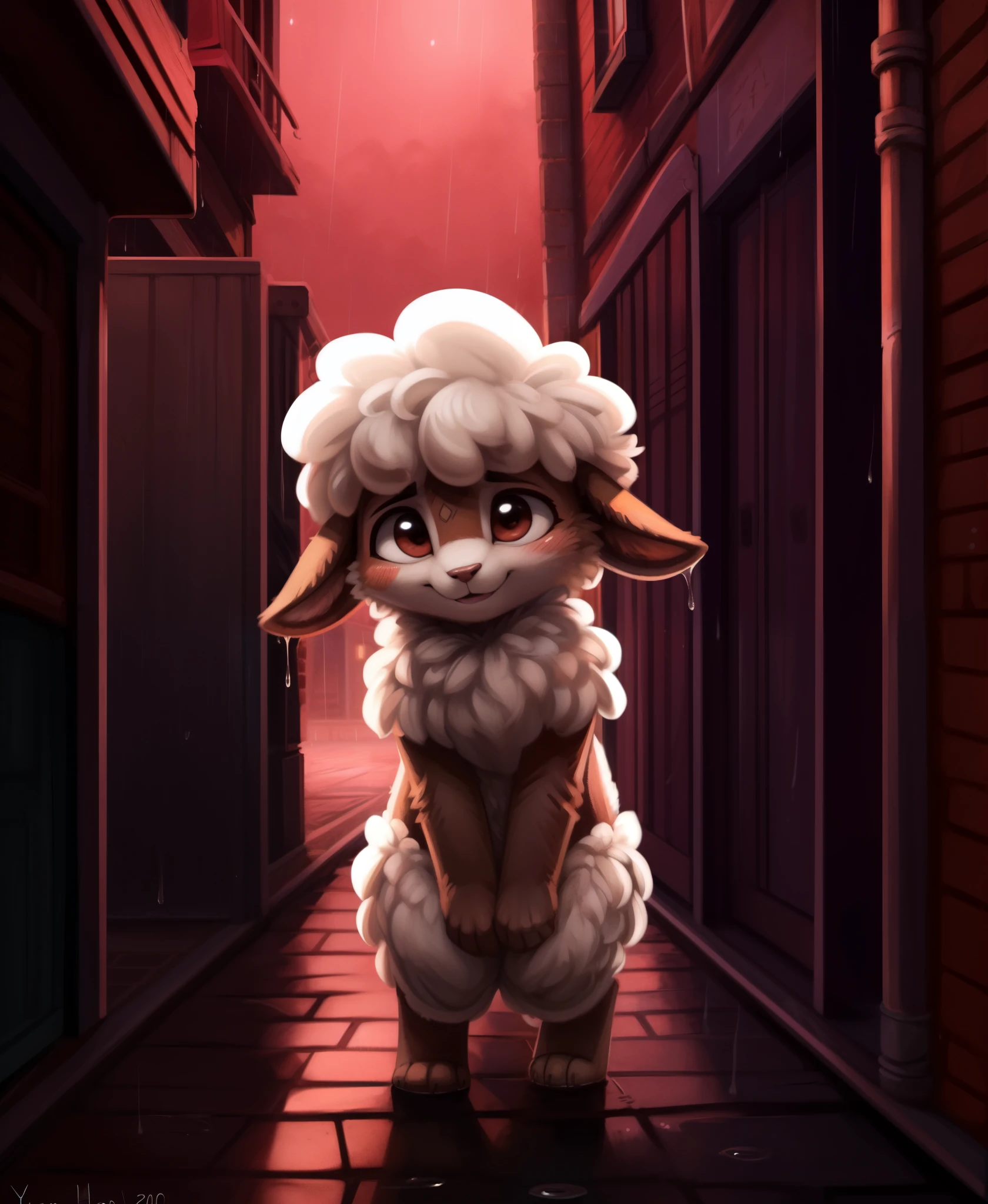 uploaded on e621, ((by Yurusa, by Childe Hassam, by Kenket, by Kyoto Animation)), solo (chibi:1.15) ((sheep (lamult of the lamb\)), black body and white fur,, A cute little sheep in heat, alleyway, night time, raining, red lights, aroused, wet, blushing, masterbation,, anthro