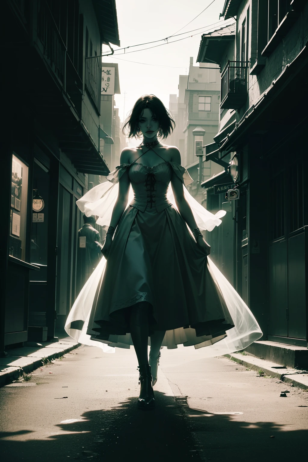 (Camera: DSLR), (Lens: Wide-angle), (Position: Front), (Artistic Style: Horror 90's), (Color: Monochromatic), (Time of Day: Night), (Season: Fall), (Context: Woman in ghostly attire, translucent silhouette in haunted street). --ar 16:9 --style raw --no Nsfw