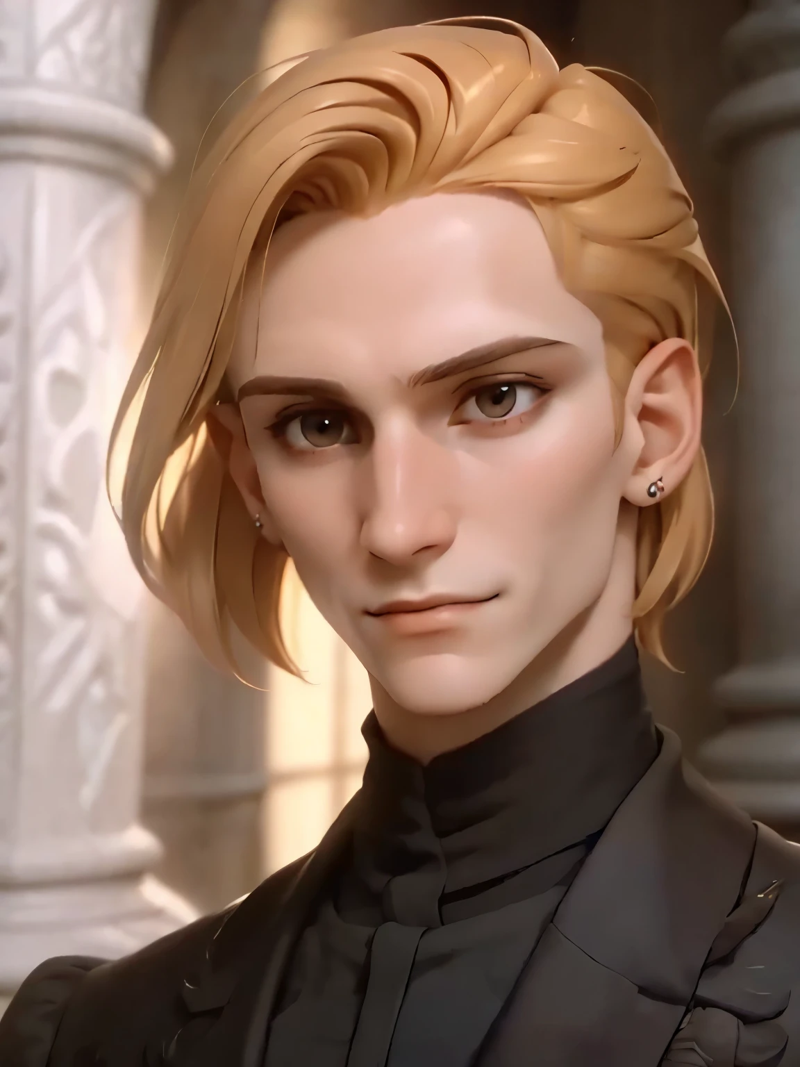 Nikolai has golden hair, shaved on one side and styled on the other, brown eyes and slightly crooked nose, he has a beautiful face, "outlined by the features of a fairy-tale prince". He is described as extremely charming, handsome and smiling