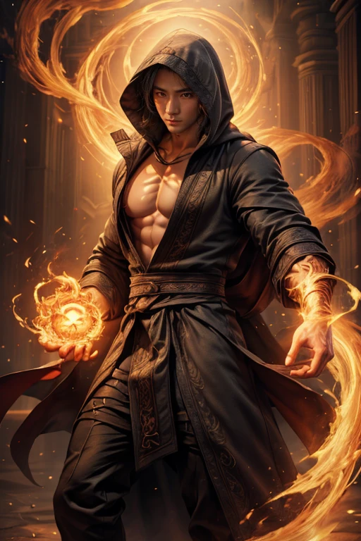 Realist, tmasterpiece, Complicated details, detailedbackground, depth of fields, musculous, 韩国magister帅气照片, (Young Korean man looks like K-pop idol), 25 age old, (Short gray hair), Sexy crotch, Fire spells, magister, He wears a long cloak with a hood, Sexy muscles, Wearing a tong, focal, pyromania, white skinned, pale nipples,