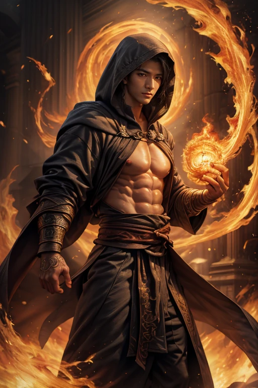 Realist, tmasterpiece, Complicated details, detailedbackground, depth of fields, musculous, 韩国magister帅气照片, (Young Korean man looks like K-pop idol), 25 age old, (Short gray hair), Sexy crotch, Fire spells, magister, He wears a long cloak with a hood, Sexy muscles, Wearing a tong, focal, pyromania, white skinned, pale nipples,