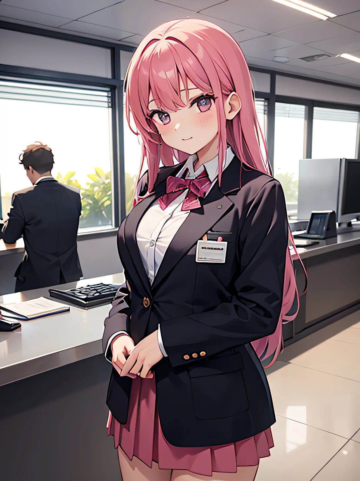 1,the woman is behind the counter、Men are huddled in front of the counter.
2,the woman is the receptionist, She is wearing a pink blazer with all buttons fastened and a pink skirt.。, And she treats men in a friendly manner.. 3,A man is an employee of a company、I&#39;m dating a receptionist。.
3,One of the men is an employee of the company.、dating a receptionist。.
4,The location is the company&#39;s large reception counter., The company logo is written in large letters on the back wall., The counter and walls are white..