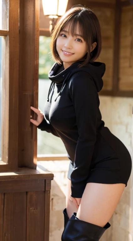 (Photorealistic), (ultra high realistic), (The ultra -The high-definition目), (ultra high detailed), (Increase contrast), (Increase saturation), (12 year old super beautiful girl), (light skinned)A pretty woman with perfect figure, Bright smile,, (Lifelike face), a short bob、Hair hanging over the ears, Realistic eyes, natural make up、beautiful detail, (real looking skin), Beautiful skins, enticing, The ultra -The high-definition, A hyper-realistic, Realistic, Very detailed,, bangss), (Tight black knit miniskirt dress、I can see the cleavage)(The outerwear is a brown short coat with a hood.、Opening the front)(((White knee high boots)))japanese cute idol, I can see the cleavage) Brown hair,((Stylish café))Inviting Pose、Beautiful valley、beutiful breast、thin-waist、big butts、Knee-deep angle、