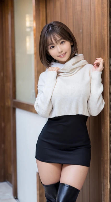 (Photorealistic), (ultra high realistic), (The ultra -The high-definition目), (ultra high detailed), (Increase contrast), (Increase saturation), (12 year old super beautiful girl), (light skinned)A pretty woman with perfect figure, Bright smile,, (Lifelike face), a short bob、Hair hanging over the ears, Realistic eyes, natural make up、beautiful detail, (real looking skin), Beautiful skins, enticing, The ultra -The high-definition, A hyper-realistic, Realistic, Very detailed,, bangss), (Tight black knit miniskirt dress、I can see the cleavage)(The outerwear is a brown short coat with a hood.、Opening the front)(((White knee high boots)))japanese cute idol, I can see the cleavage) Brown hair,((Stylish café))Inviting Pose、Beautiful valley、beutiful breast、thin-waist、big butts、Knee-deep angle、