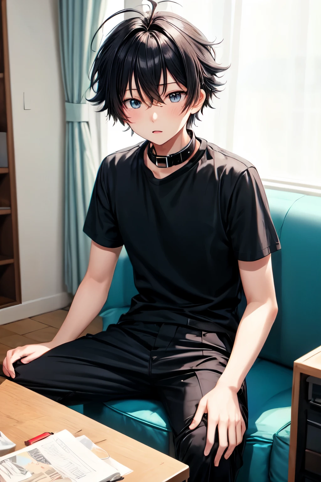 Anime Boy, White Messy Hair, Black Collar, Black Shirt, Black Long Pants