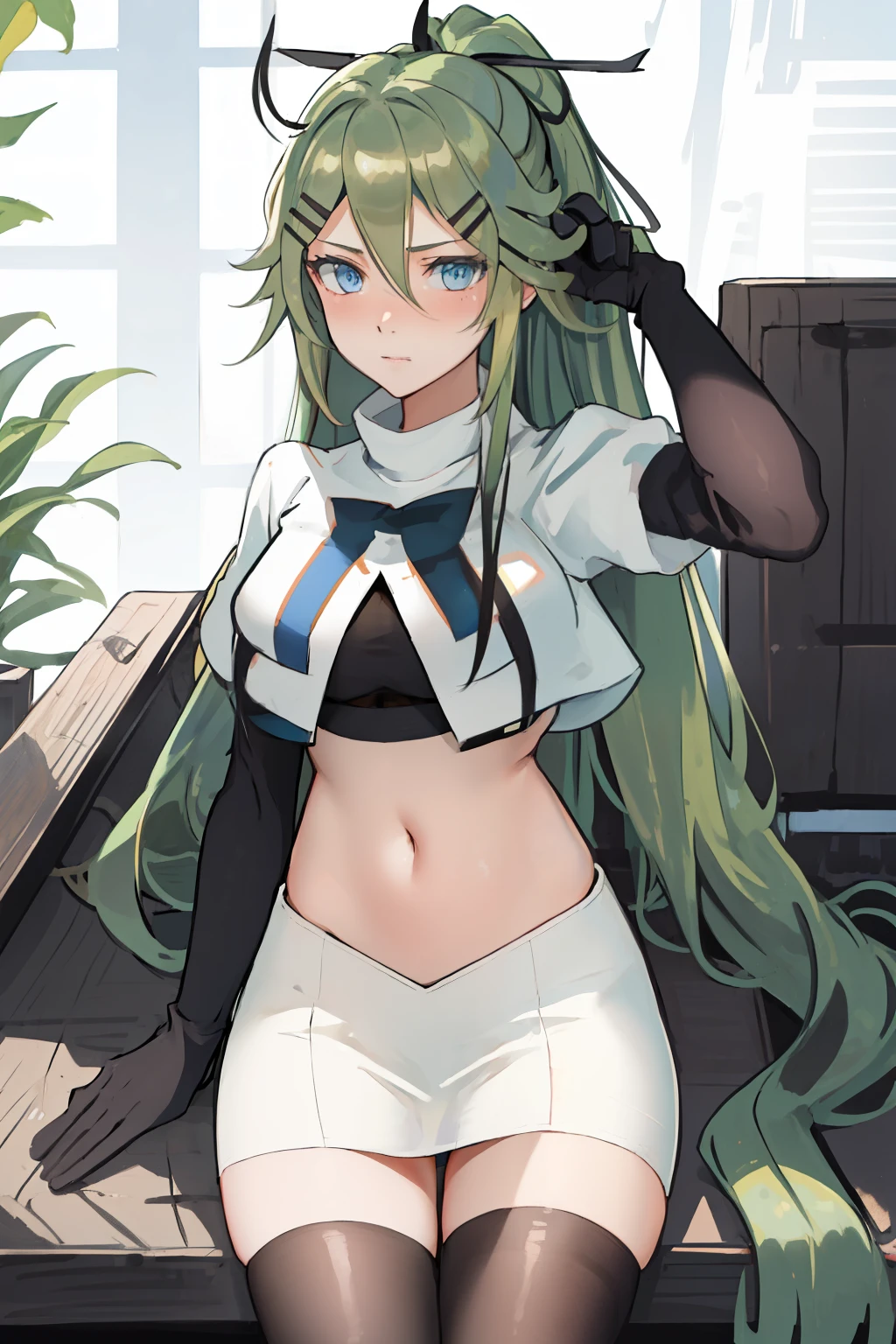 best quality, masterpiece, highres, solo, {yamakaze_kantaicollection:1.15}, green_hair, hair_between_eyes, long_hair, hair_ornament, hairclip, ribbon, hair_ribbon, ponytail, black_ribbon, blush, green_eyes, blue_eyes, 1girl, bangs, sidelocks, team rocket,team rocket uniform,white skirt,red letter R,crop top,black thigh-highs,black elbow gloves