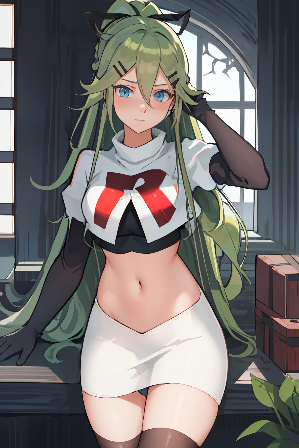 best quality, masterpiece, highres, solo, {yamakaze_kantaicollection:1.15}, green_hair, hair_between_eyes, long_hair, hair_ornament, hairclip, ribbon, hair_ribbon, ponytail, black_ribbon, blush, green_eyes, blue_eyes, 1girl, bangs, sidelocks, team rocket,team rocket uniform,white skirt,red letter R,crop top,black thigh-highs,black elbow gloves