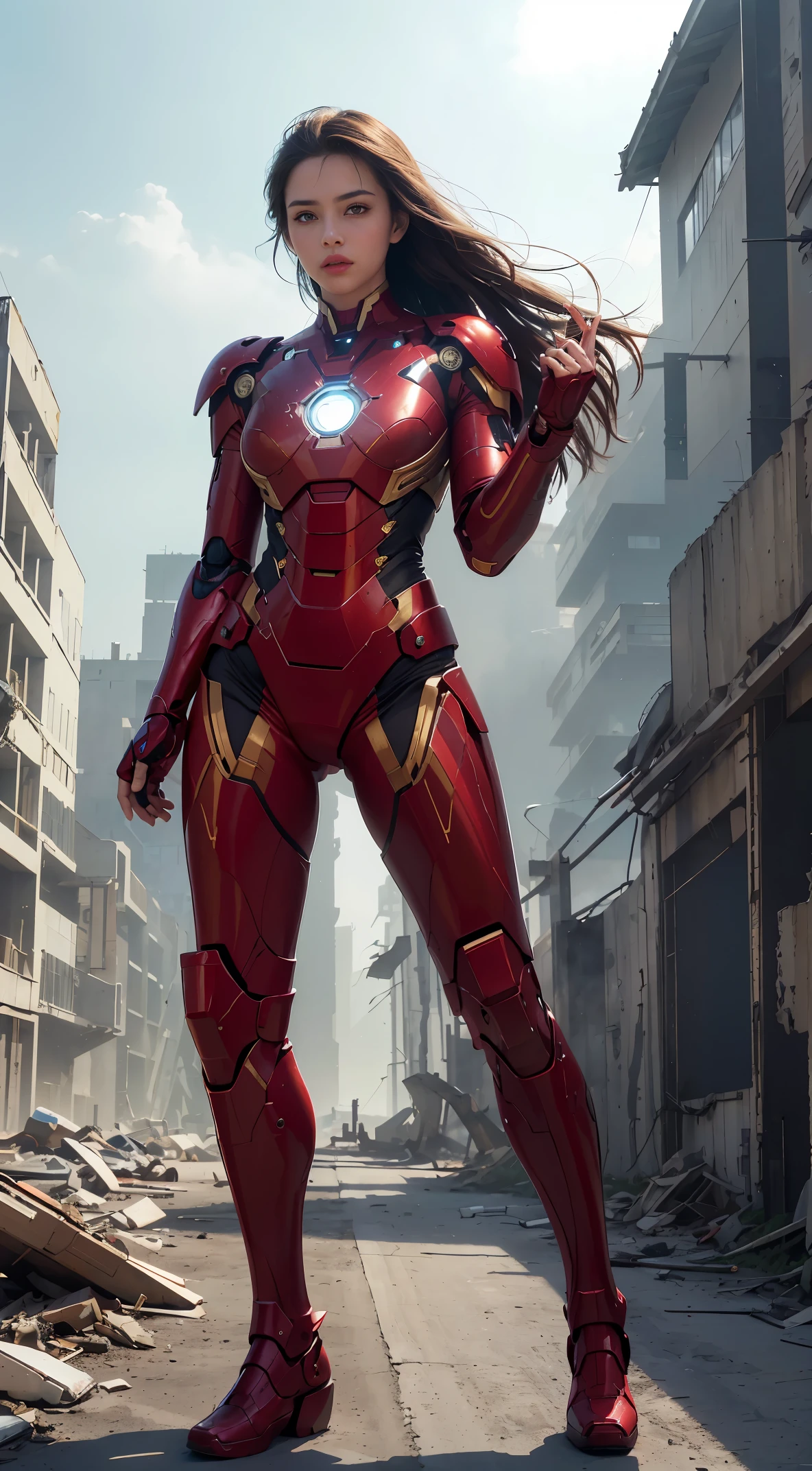 RAW, Masterpiece, Ultra Fine Photo,, Best Quality, Ultra High Resolution, Photorealistic, Sunlight, Full Body Portrait, Stunningly Beautiful,, Dynamic Poses, Delicate Face, Vibrant Eyes, (Side View) , she is wearing a futuristic Iron Man mech, red and gold color scheme, highly detailed abandoned warehouse background, detailed face, detailed and complex busy background, messy, gorgeous, milky white, high detailed skin, realistic skin details, visible pores , sharp focus, volumetric fog, 8k uhd, dslr camera, high quality, film grain, fair skin, photorealism, lomography, sprawling metropolis in futuristic dystopia, view from below, translucent