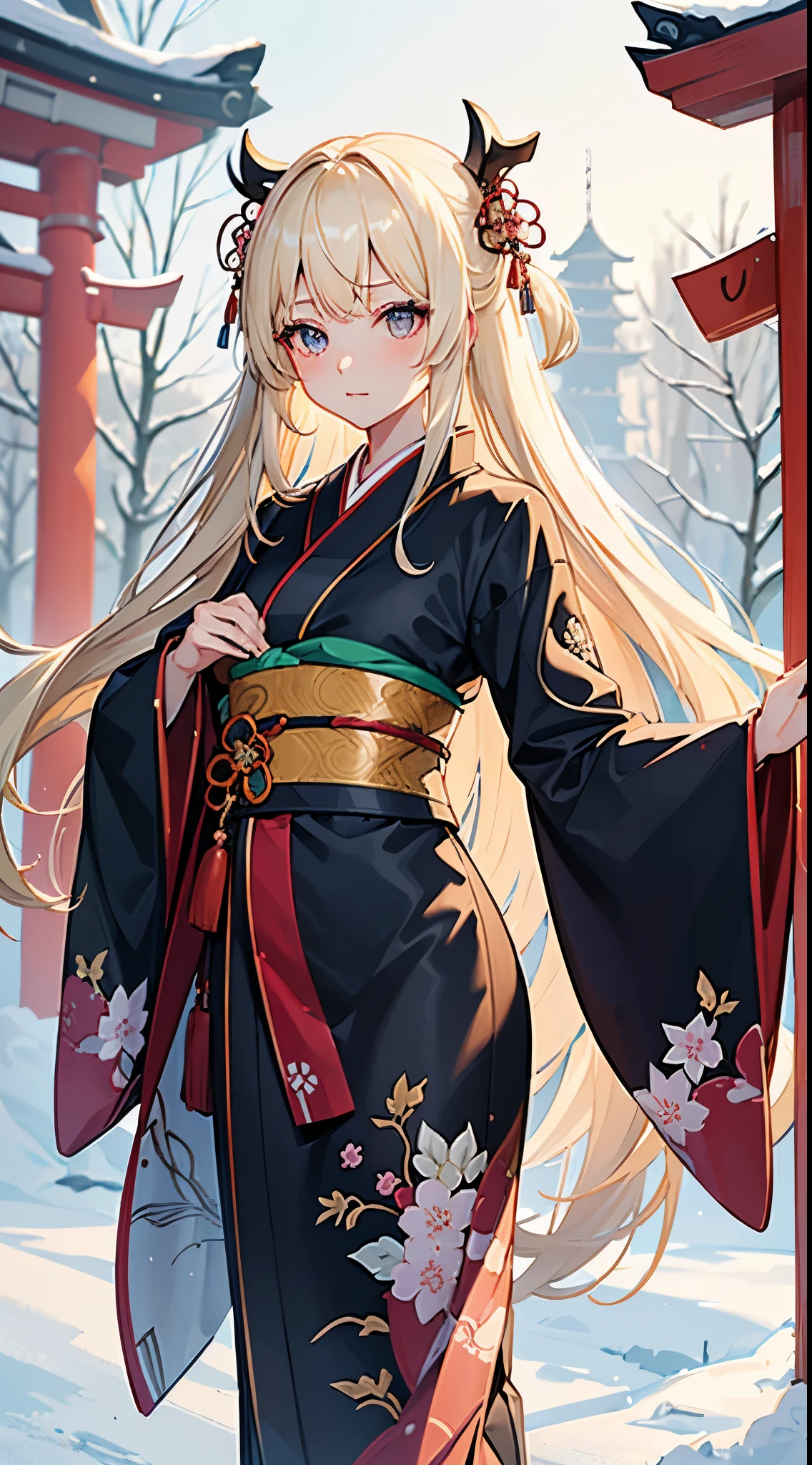 ((Best Quality)), (ultra-detailliert), ((Extremely detailed)), (Beautiful), ((Kawaii Girl)),  ((UHD)), (masterpiece), (high quality), (best quality), (4K), (high quality), 1, solo girl, 1girl, ((platinum blond hair)), parted bangs, ((hair intakes)), long hair, (hair two side up long), ((jade colored eyes)), slanted eyes, medium breasts, slender body, Furisode, long sleeved kimono, winter shinto shrine, anime
