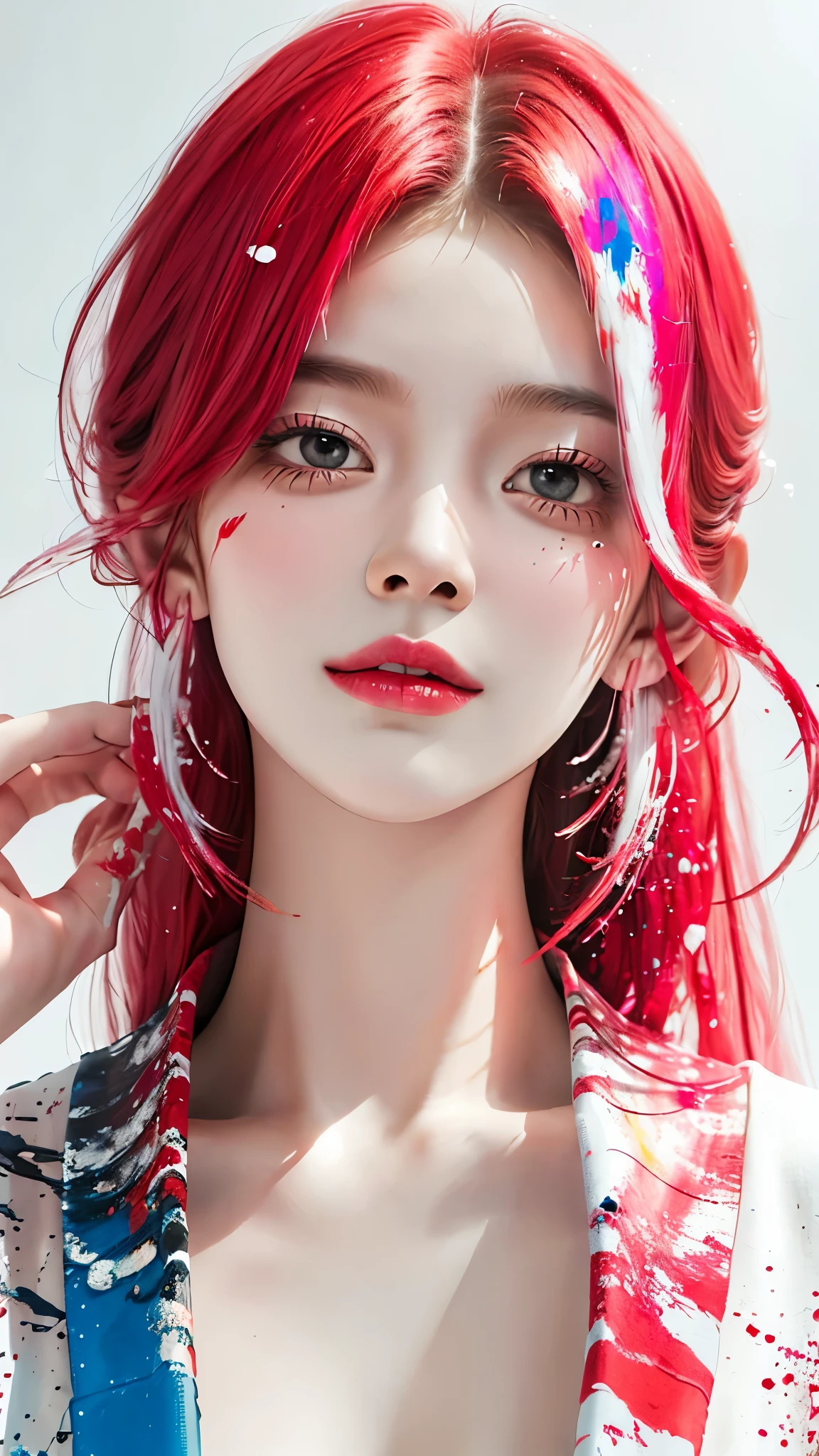(Masterpiece, Best Quality, High Resolution), White Background, ((Paint Splash, Color Splash, Splash of Ink, Color Splash)), Sweet Chinese Girl, Rainbow Hair, Pink Lips, Front, Upper Body