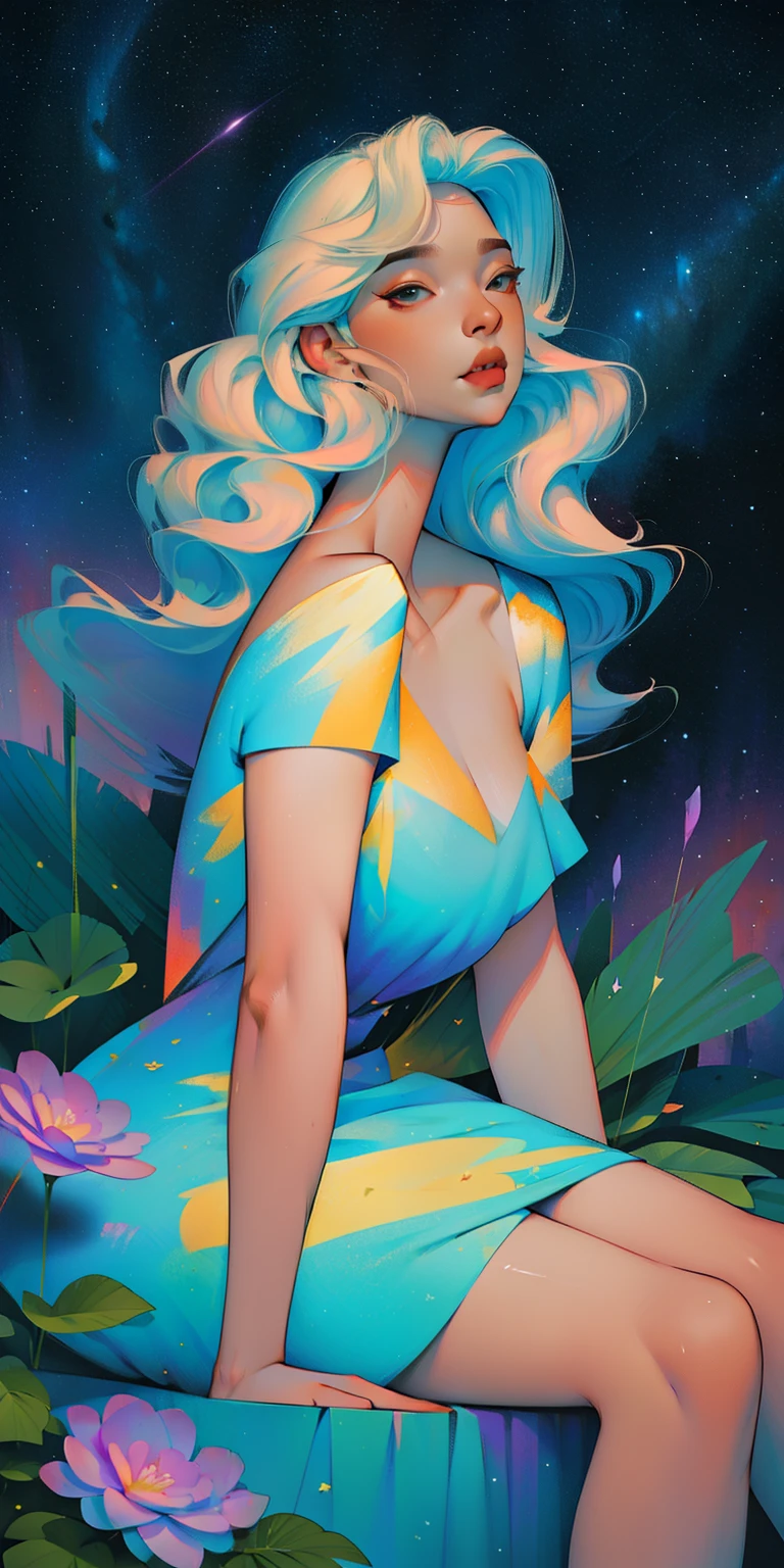 a goddess, A glorious sunrise, aura, glow, multi-colored bright aurora borealis, Spectrum Rainbow,Colored Angel Wings, feathers, In a chic, lavender white mint hair, pastel, mixed-language_SMeautiful and clear background:1.2),, fantastic paintings , olhos altamente detalhados, crystals, outer space, galaxy, Gorgeous hair, Background Flora Peony, poppy, hydrangea, Plants. Loving. Love. ultra detailed hair, Best Quality, hig quality, highly resolution, detail enhancement, ((most beautiful image in the world)), Masterpiece, Best Quality, High Quality Detail Enhancement, ((most beautiful image ), Shiny hair, ultra chic dress, Stampa Flores, art by stjepan sejic, art by j scott campbell, art by guillem march, art by citemer liu, 4k, highly resolution, comic book character, comic, high quality detailed, style of ::2.0 comix illustration style,tatoon style, hig quality, highly resolution, detail enhancement, 8K, HD, Best Quality, hig quality, highly resolution, detail enhancement, 8K, HDR, Sharp focus, Ultra Detailed, perfect illumination, , Lush breasts, Curvy hips, Sitting picnic, sparks, Stars, The Cycle of the Stars