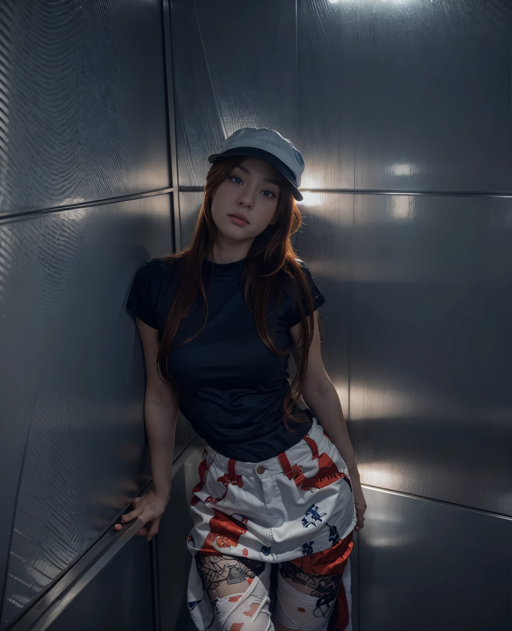 (best quality), high resolution, Asuka Langley Soryu, Beautiful Pretty Mixed German Babe, ((beautiful face)), sexy lips, Gingers Twin tails headband long Hair, intense gaze, dark blue detailed beautiful eyes, combine realism and anime influence, casual outfit, hat, elevator