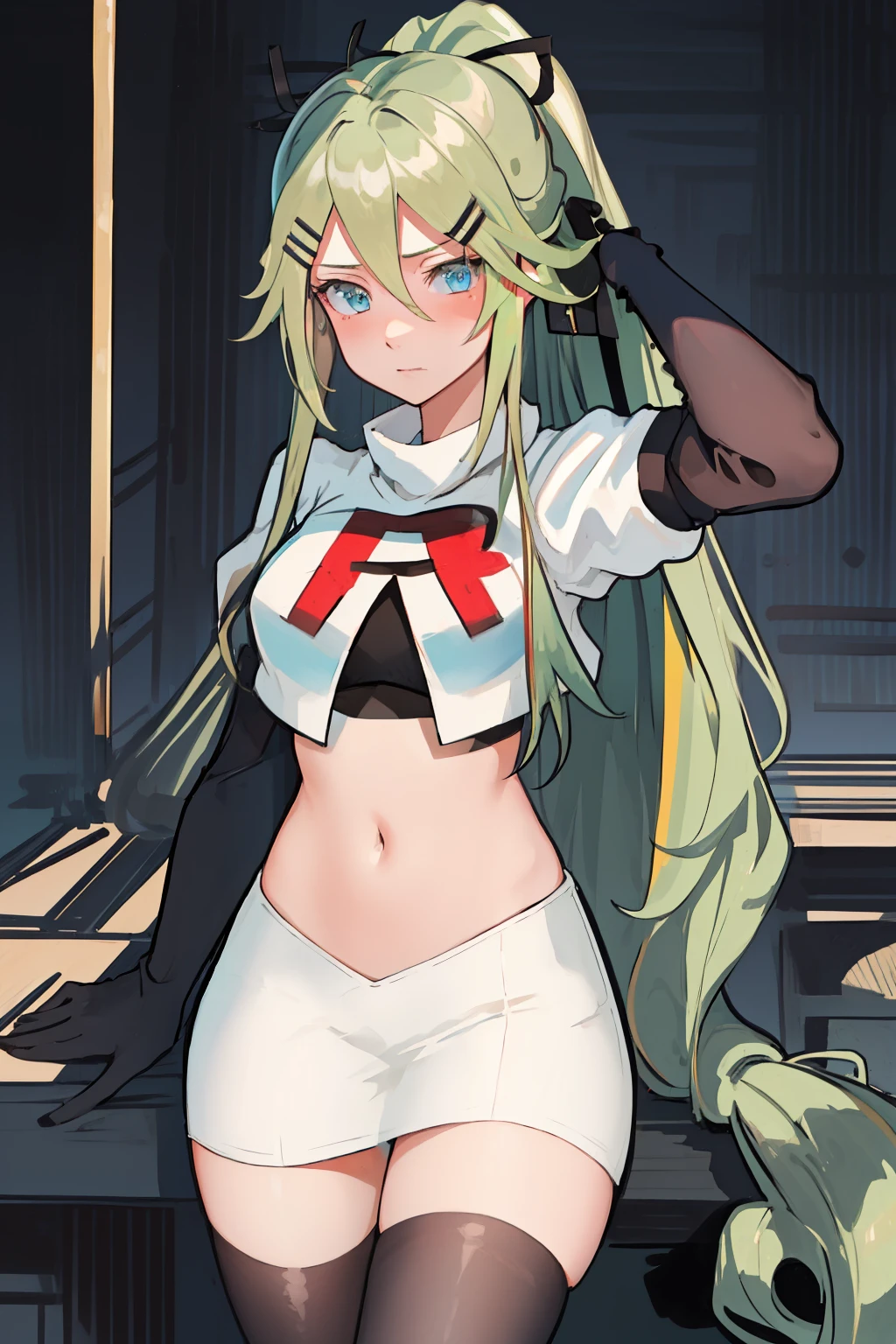 best quality, masterpiece, highres, solo, {yamakaze_kantaicollection:1.15}, green_hair, hair_between_eyes, long_hair, hair_ornament, hairclip, ribbon, hair_ribbon, ponytail, black_ribbon, blush, green_eyes, blue_eyes, 1girl, bangs, sidelocks, team rocket,team rocket uniform,white skirt,red letter R,crop top,black thigh-highs,black elbow gloves