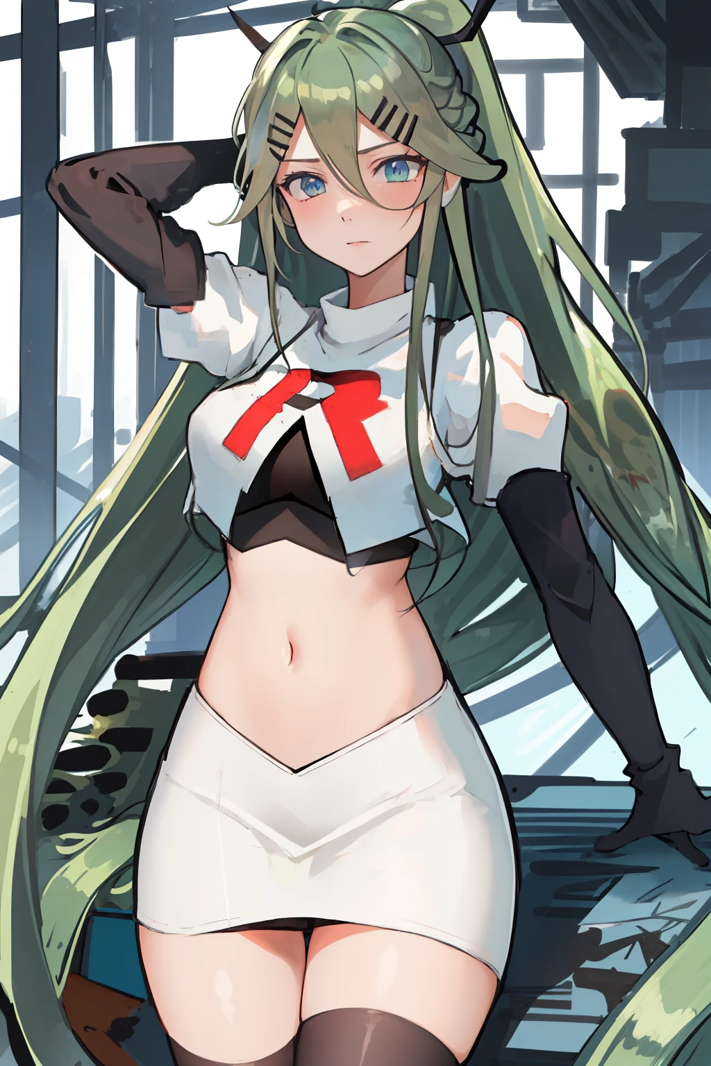 best quality, masterpiece, highres, solo, {yamakaze_kantaicollection:1.15}, green_hair, hair_between_eyes, long_hair, hair_ornament, hairclip, ribbon, hair_ribbon, ponytail, black_ribbon, blush, green_eyes, blue_eyes, 1girl, bangs, sidelocks, team rocket,team rocket uniform,white skirt,red letter R,crop top,black thigh-highs,black elbow gloves