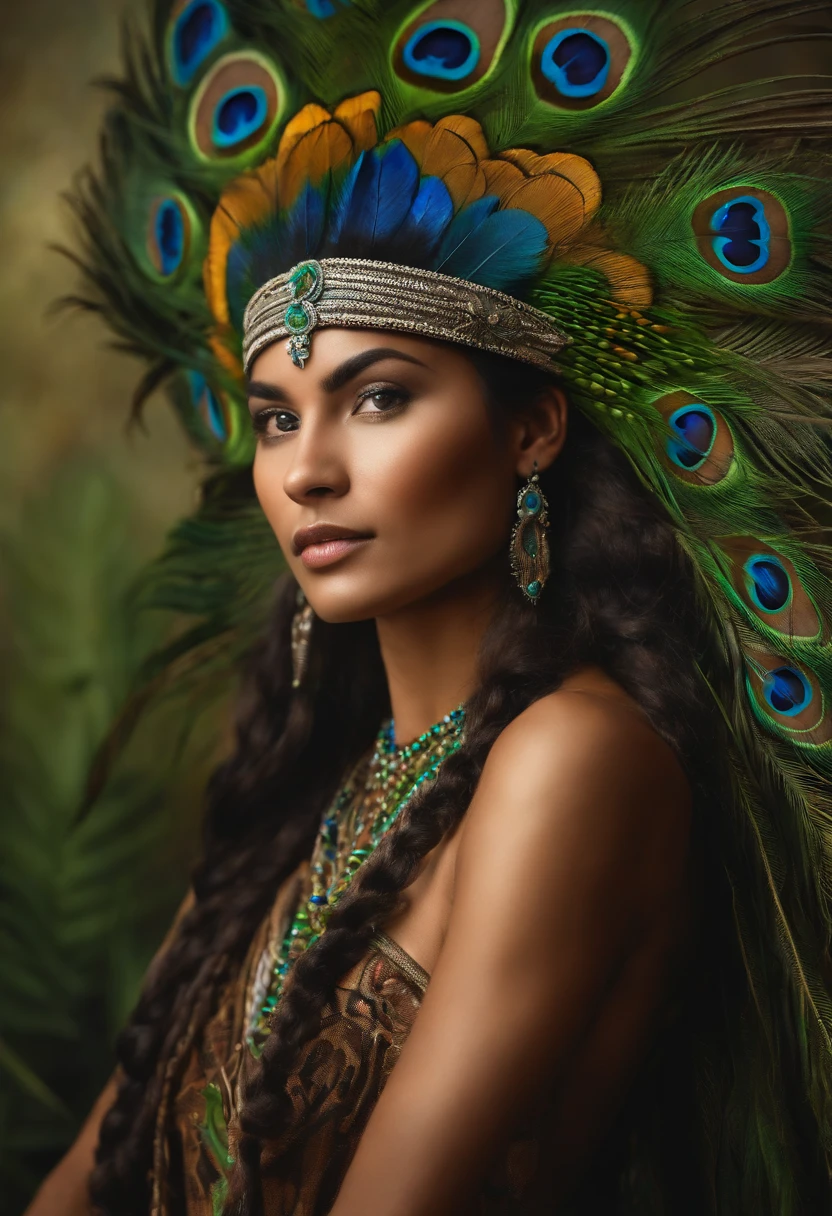Baroque style painting of a young indigenous woman with a peacock feather headdress on her head, indigenous body paint, beautiful and strong young woman, dressed in green, long hair with braids.