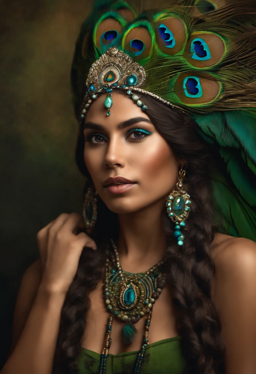 Baroque style painting of a young indigenous woman with a peacock feather headdress on her head, indigenous body paint, beautiful and strong young woman, dressed in green, long hair with braids.
