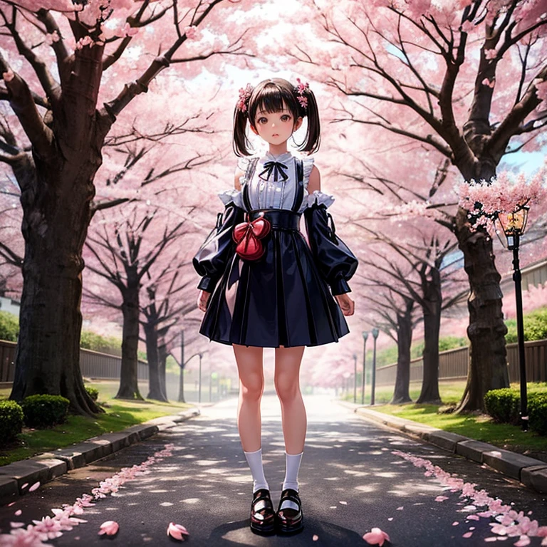 Master Pieces Top image quality A 16-year-old Japanese girl is standing wearing a navy blue one-piece dress with puff sleeves.. lolita fashion Full body painting Standing picture cherry blossom trees (cherry blossom petals are falling:1.4) tilt your head slightly (Brown leather shoes:1.3) White High Socks brown shoulder pouch Long straight black hair standing , (full body:1.4) , (toe:1.4)