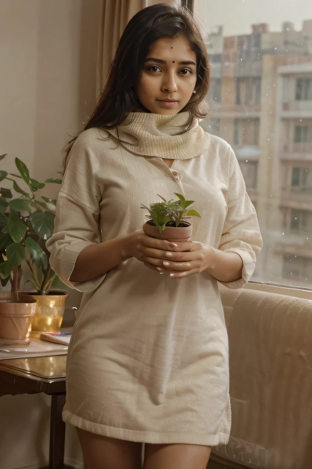 Create a cute girl named "Simi Khanna" age 19 from India, Delhi watering a plant in her office wearing winter cloths do not show NSFW image