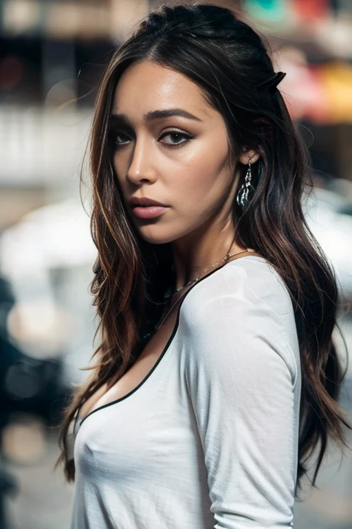 Sweet expression, (8k, RAW photo, photorealistic:1.25) ,( lip gloss, eyelashes, glossy face, shiny skin, best quality, super high resolution , depth of field, chromatic aberration, caustics, wide light, natural shadows, sexy model) looking at viewer with serenity and goddess-like bliss, full body, big breasts, white t-shirt, blue skinny jeans, city, streets, neon lights, nighttime