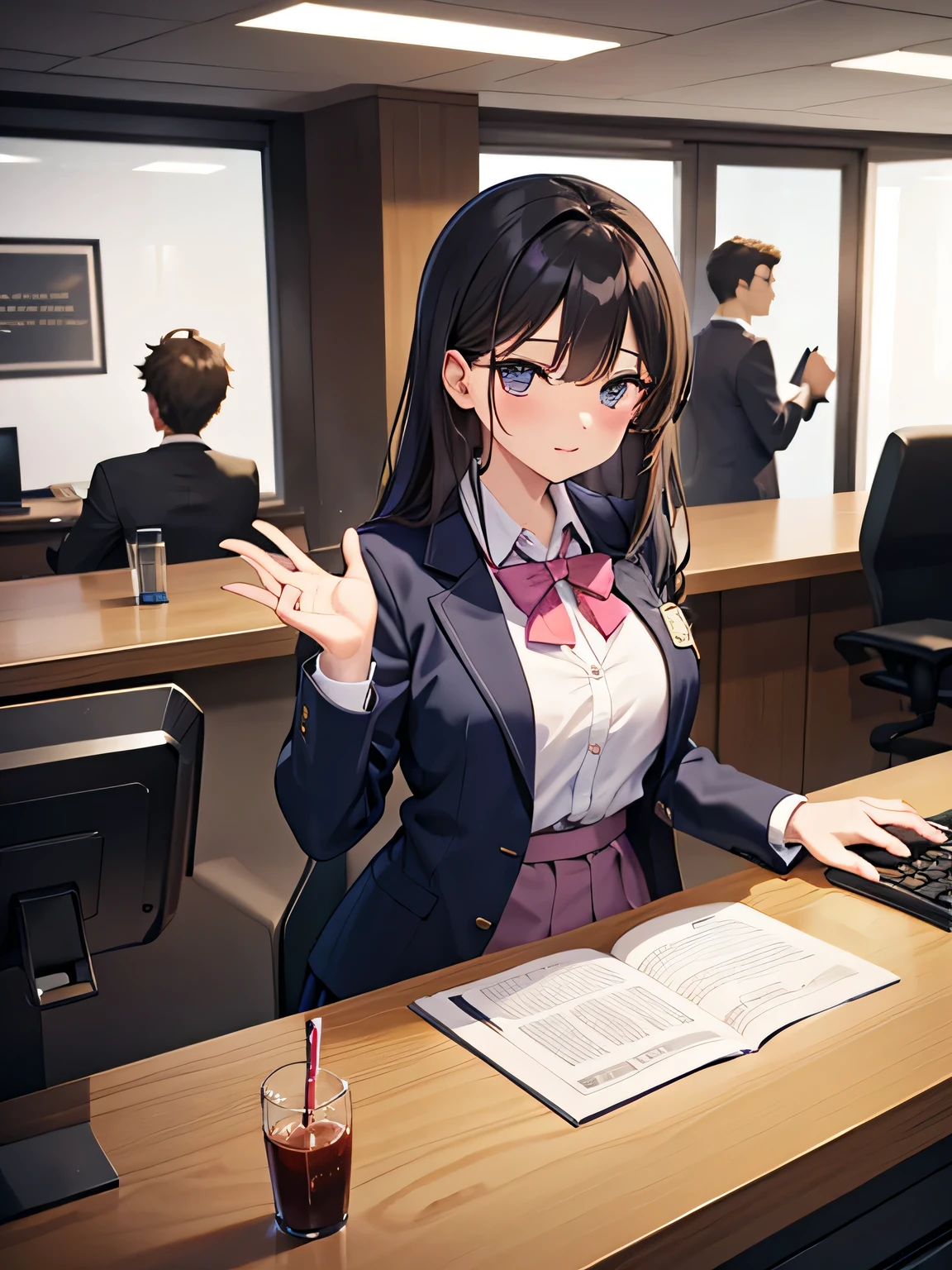 1,the woman is behind the counter、Men are huddled in front of the counter.
2,the woman is the receptionist, She is wearing a pink blazer with all buttons fastened and a pink skirt.。, And she treats men in a friendly manner.. 3,A man is an employee of a company、I'm dating a receptionist。.
3,One of the men is an employee of the company.、dating a receptionist。.
4,The location is the company's large reception counter., The company logo is written in large letters on the back wall., The counter and walls are white..