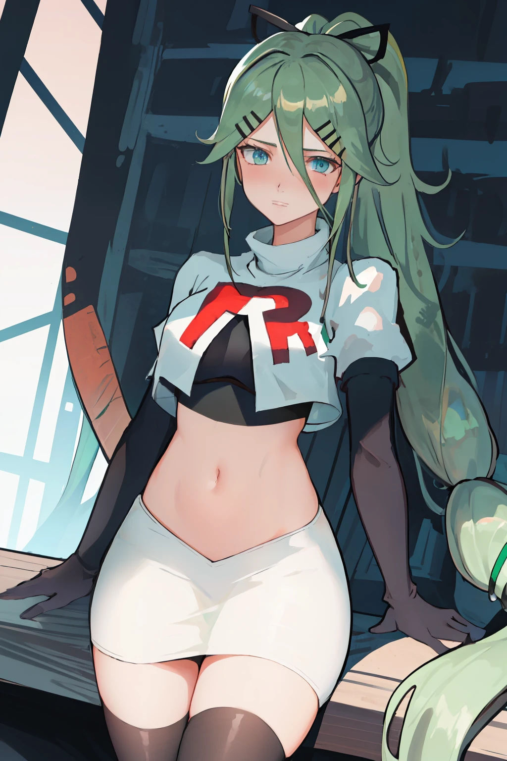 best quality, masterpiece, highres, solo, {yamakaze_kantaicollection:1.15}, green_hair, hair_between_eyes, long_hair, hair_ornament, hairclip, ribbon, hair_ribbon, ponytail, black_ribbon, blush, green_eyes, blue_eyes, 1girl, bangs, sidelocks, team rocket,team rocket uniform,white skirt,red letter R,crop top,black thigh-highs,black elbow gloves