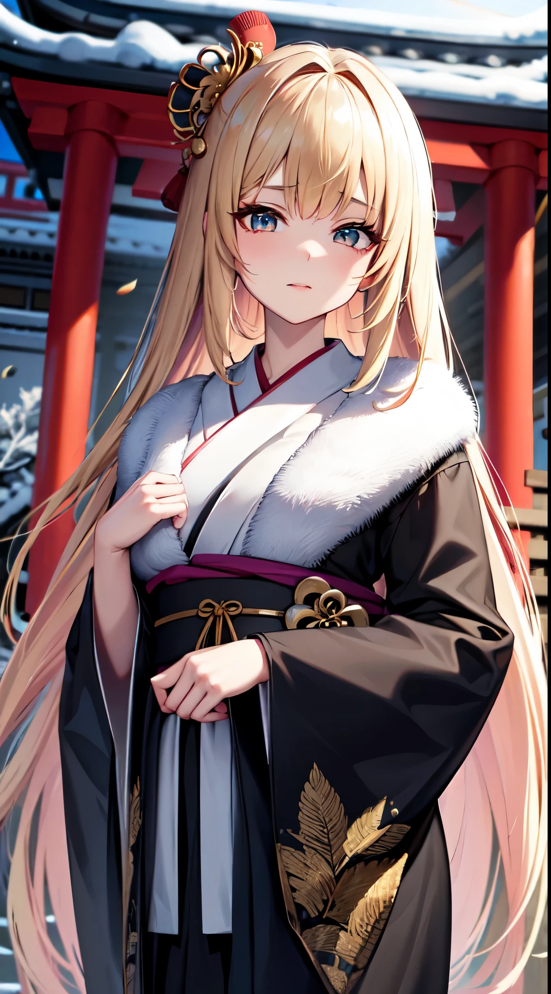 ((Best Quality)), (ultra-detailliert), ((Extremely detailed)), (Beautiful), ((Kawaii Girl)), ((UHD)), (masterpiece), (high quality), (best quality), (4K), (high quality), 1, solo girl, 1girl, ((platinum blond hair)), parted bangs, ((hair intakes)), long hair, (hair two side up long), ((jade colored eyes)), slanted eyes, medium breasts, slender body, emerald green Furisode, long sleeved kimono, winter shinto shrine, first visit of the year to a shrine, anime