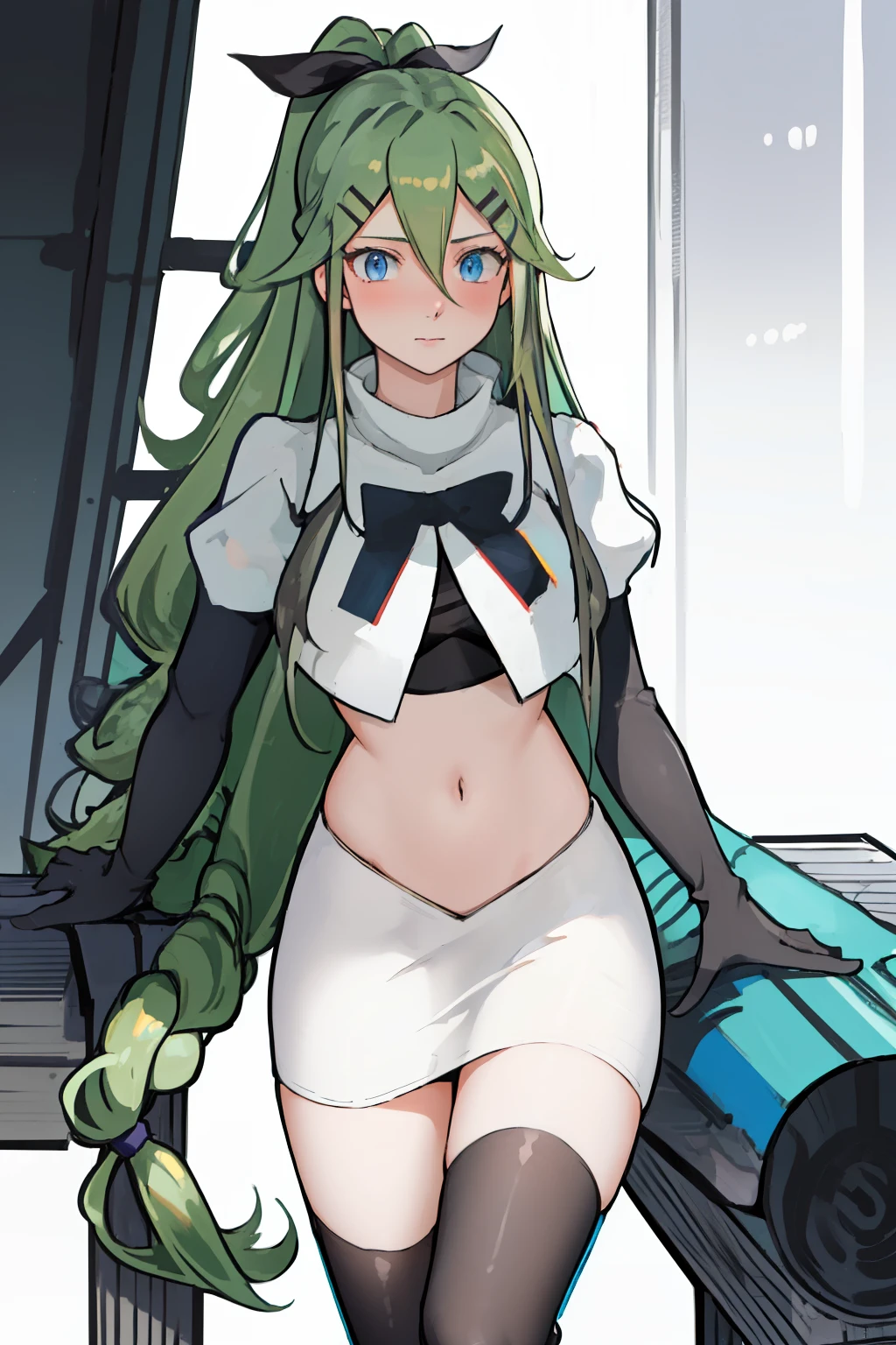 best quality, masterpiece, highres, solo, {yamakaze_kantaicollection:1.15}, green_hair, hair_between_eyes, long_hair, hair_ornament, hairclip, ribbon, hair_ribbon, ponytail, black_ribbon, blush, green_eyes, blue_eyes, 1girl, bangs, sidelocks, team rocket,team rocket uniform,white skirt,red letter R,crop top,black thigh-highs,black elbow gloves