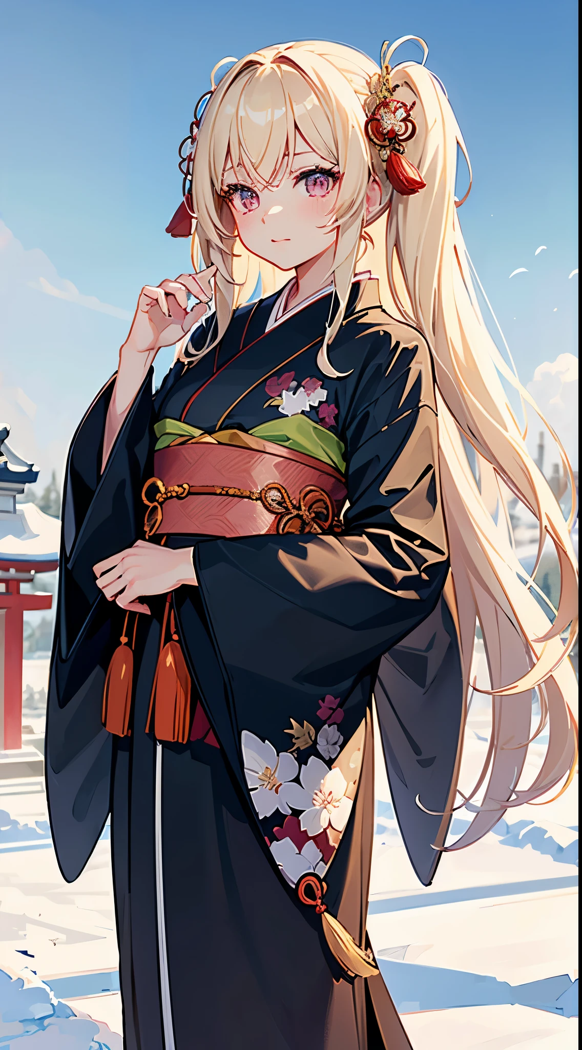 ((Best Quality)), (ultra-detailliert), ((Extremely detailed)), (Beautiful), ((Kawaii Girl)),  ((UHD)), (masterpiece), (high quality), (best quality), (4K), (high quality), 1, solo girl, 1girl, ((platinum blond hair)), parted bangs, ((hair intakes)), long hair, (hair two side up long), ((jade colored eyes)), slanted eyes, medium breasts, slender body, Furisode, long sleeved kimono, winter shinto shrine, anime