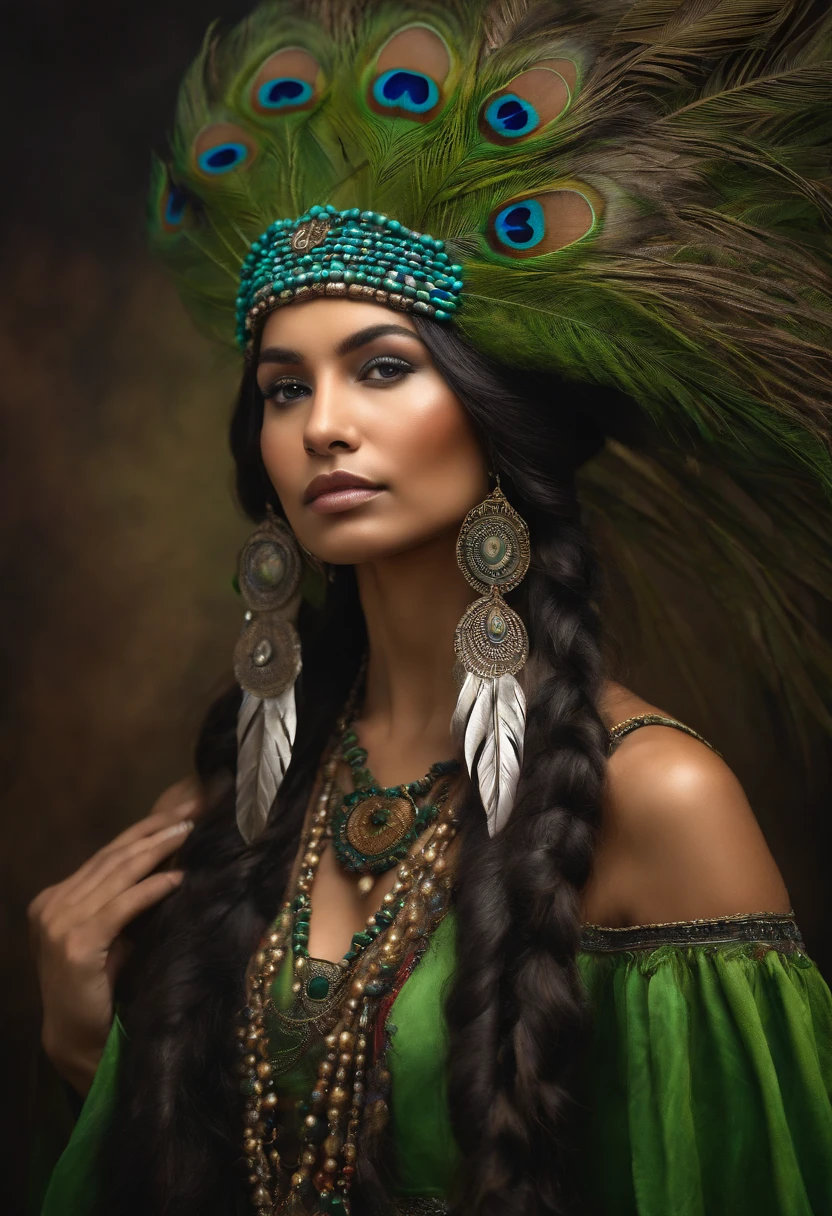 Baroque style painting of a young indigenous woman with a peacock feather headdress on her head, indigenous body paint, beautiful and strong young woman, dressed in green, long hair with braids.