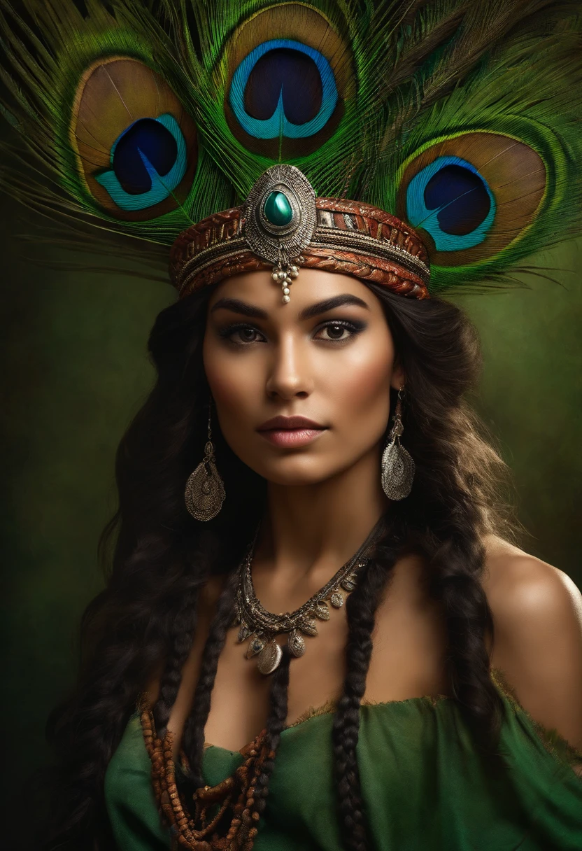 Baroque style painting of a young indigenous woman with a peacock feather headdress on her head, indigenous body paint, beautiful and strong young woman, dressed in green, long hair with braids.