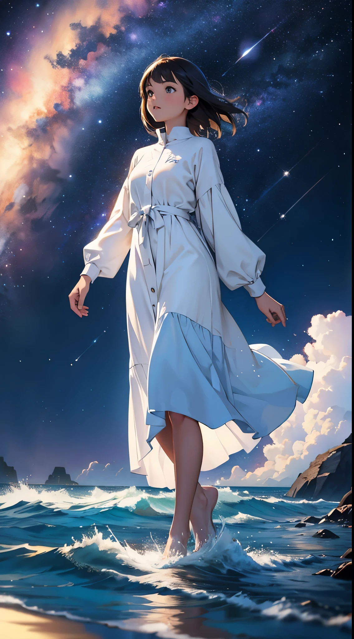 Universe girl walking on the sea full of star,high quality,