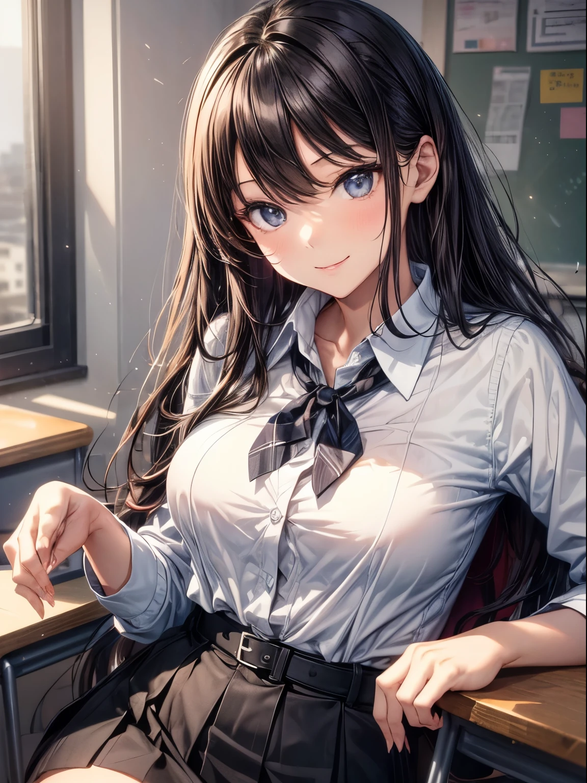 top-quality、Full limbs、complete fingers、((one beautiful women))、Beautiful busty woman、Women with straight hair、Woman with dark hair、hi-school girl、Thin long sleeve Y-shirt with collar、Black tie、Black skirt、Classroom、A big smile、Sit on a desk