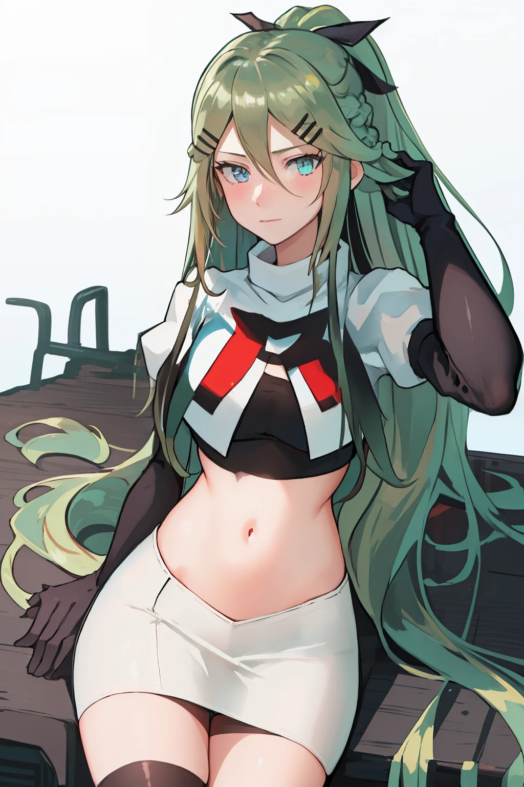 best quality, masterpiece, highres, solo, {yamakaze_kantaicollection:1.15}, green_hair, hair_between_eyes, long_hair, hair_ornament, hairclip, ribbon, hair_ribbon, ponytail, black_ribbon, blush, green_eyes, blue_eyes, 1girl, bangs, sidelocks, team rocket,team rocket uniform,white skirt,red letter R,crop top,black thigh-highs,black elbow gloves