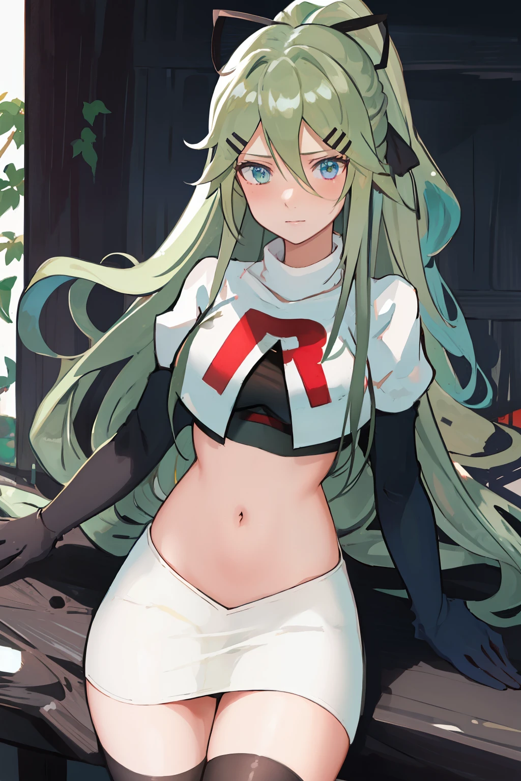 best quality, masterpiece, highres, solo, {yamakaze_kantaicollection:1.15}, green_hair, hair_between_eyes, long_hair, hair_ornament, hairclip, ribbon, hair_ribbon, ponytail, black_ribbon, blush, green_eyes, blue_eyes, 1girl, bangs, sidelocks, team rocket,team rocket uniform,white skirt,red letter R,crop top,black thigh-highs,black elbow gloves