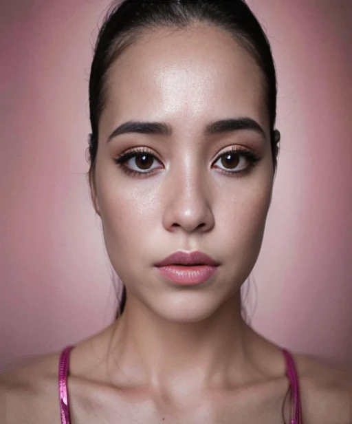mulher arafada com blusa rosa e fundo rosa, rosto bonito hiperrealista, Rosto ultra realista, rosto hiper realista, Rosto fotorrealista, rosto bonito, Detailed face of a 41 year old Asian woman, and hybrid body, tom de pele morena clara, single realistic face