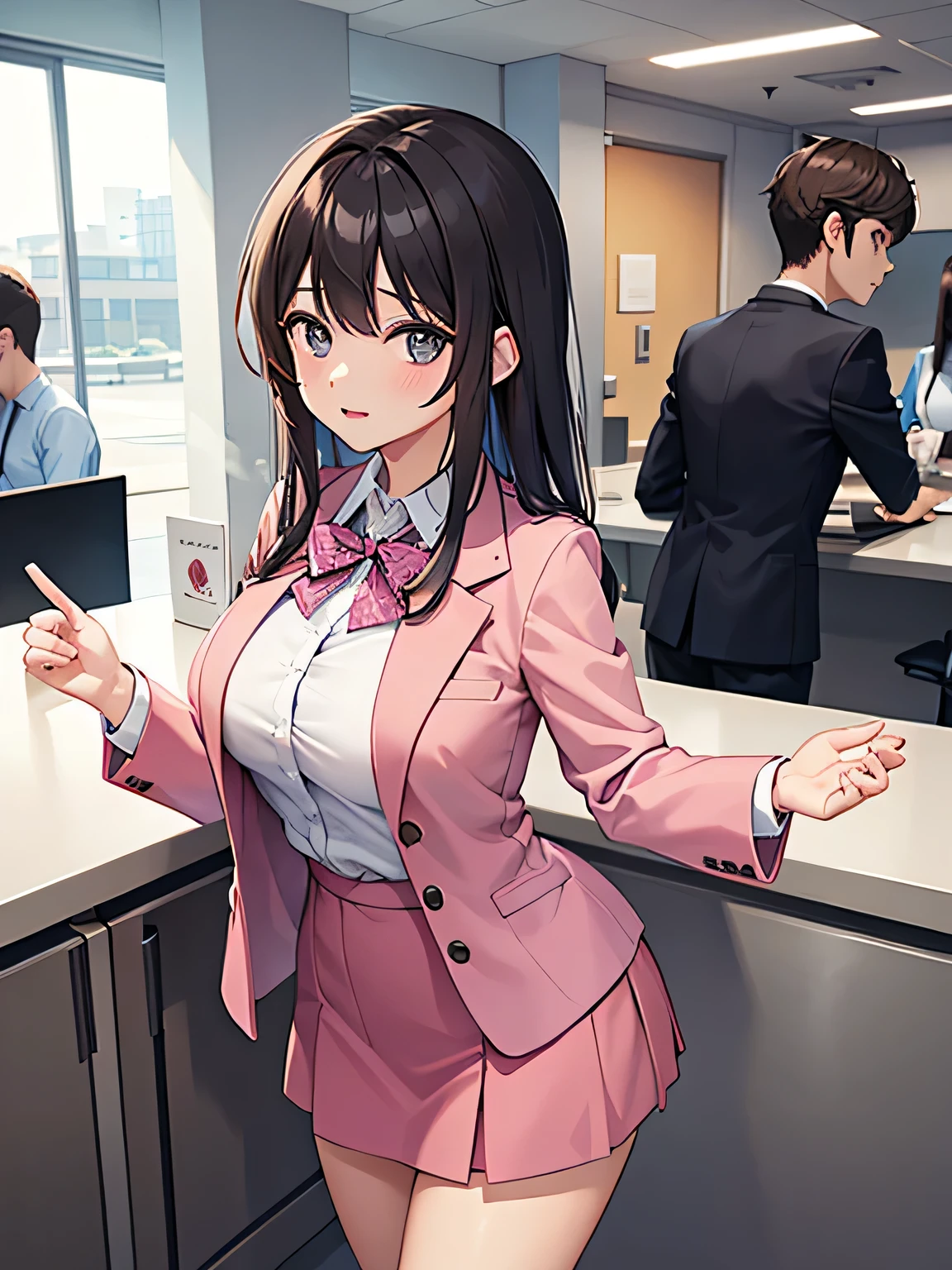1,the woman is behind the counter、Men are huddled in front of the counter.
2,the woman is the receptionist, She is wearing a pink blazer with all buttons fastened and a pink skirt.。, And she treats men in a friendly manner.. 3,A man is an employee of a company、I'm dating a receptionist。.
3,One of the men is an employee of the company.、dating a receptionist。.
4,The location is the company's large reception counter., The company logo is written in large letters on the back wall., The counter and walls are white..