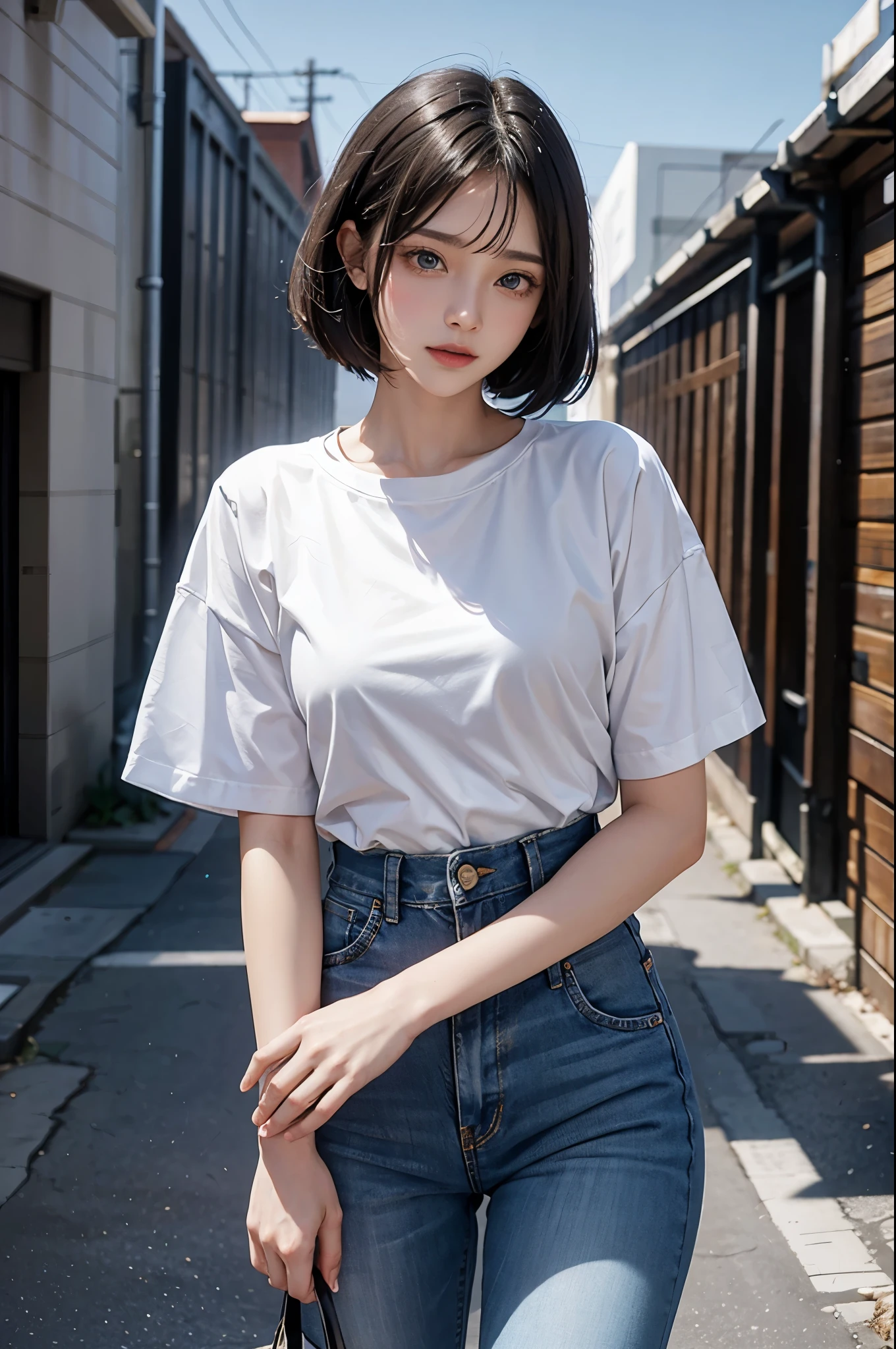 1 girl, with short black hair, eBlue eyes, Wear a plain white shirt, denim short, 城市, absurd res, A high resolution, Super sharp, 8K, tmasterpiece, looking at viewert