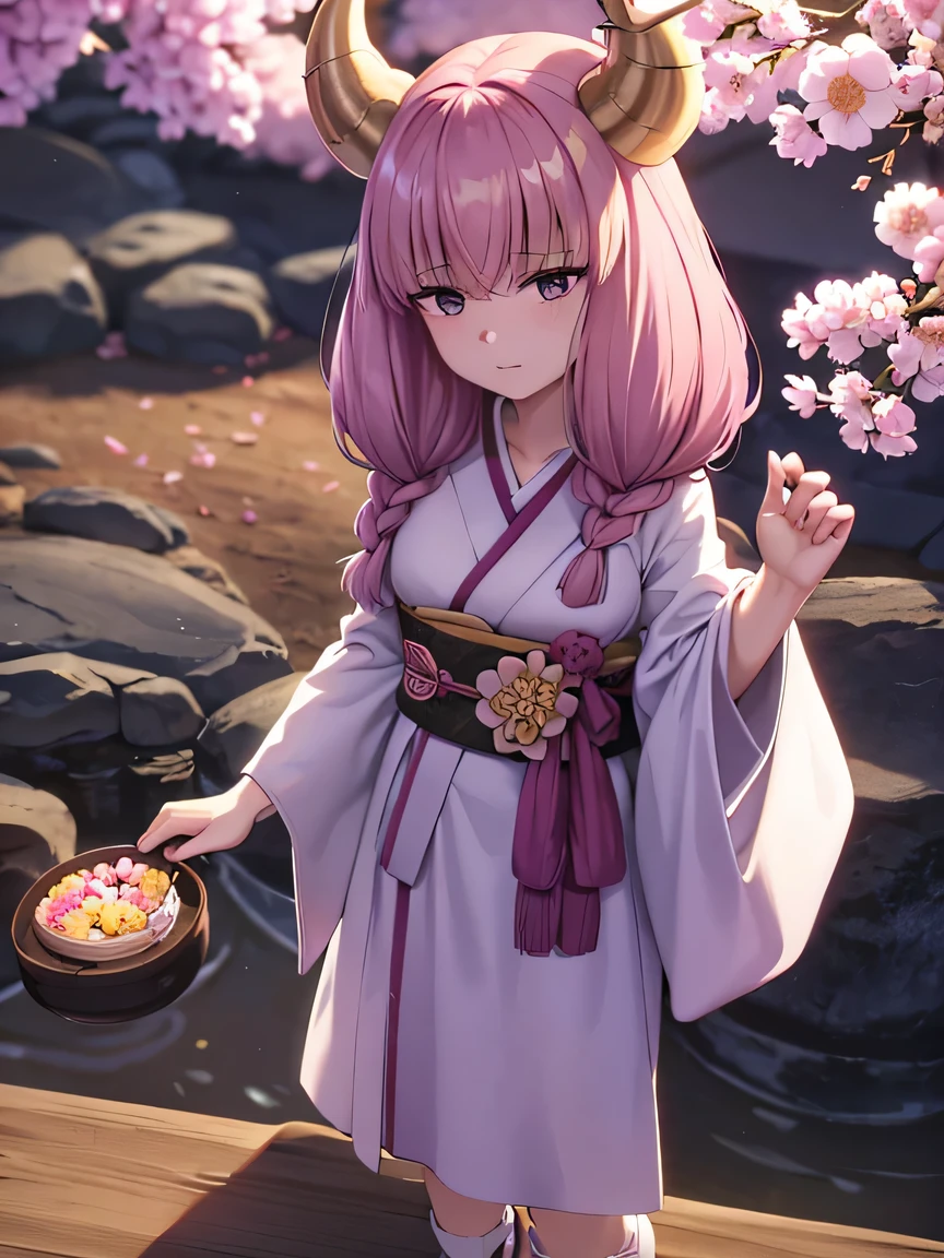 A woman wearing a traditional Japanese floral kimono, Pink hair, two horns on her head,, standing elegantly. The kimono is made of silk material and is smooth to the touch.. The upper part of the kimono is pale pink., The lower part turns dark purple, create a beautiful contrast. The kimono has a delicate cherry blossom pattern drawn on it.。, Peonies, and chrysanthemum, represent spring, Summer, Fall, and winter. Wide band (sash) A purple background with gold patterns of cranes and waves tied around the waist.. She wears white tabi socks and wooden slippers. She wears floral accessories in her hair.. The dress is elegant and sophisticated, It&#39;s like participating in a tea ceremony or festival.. 4K high resolution image